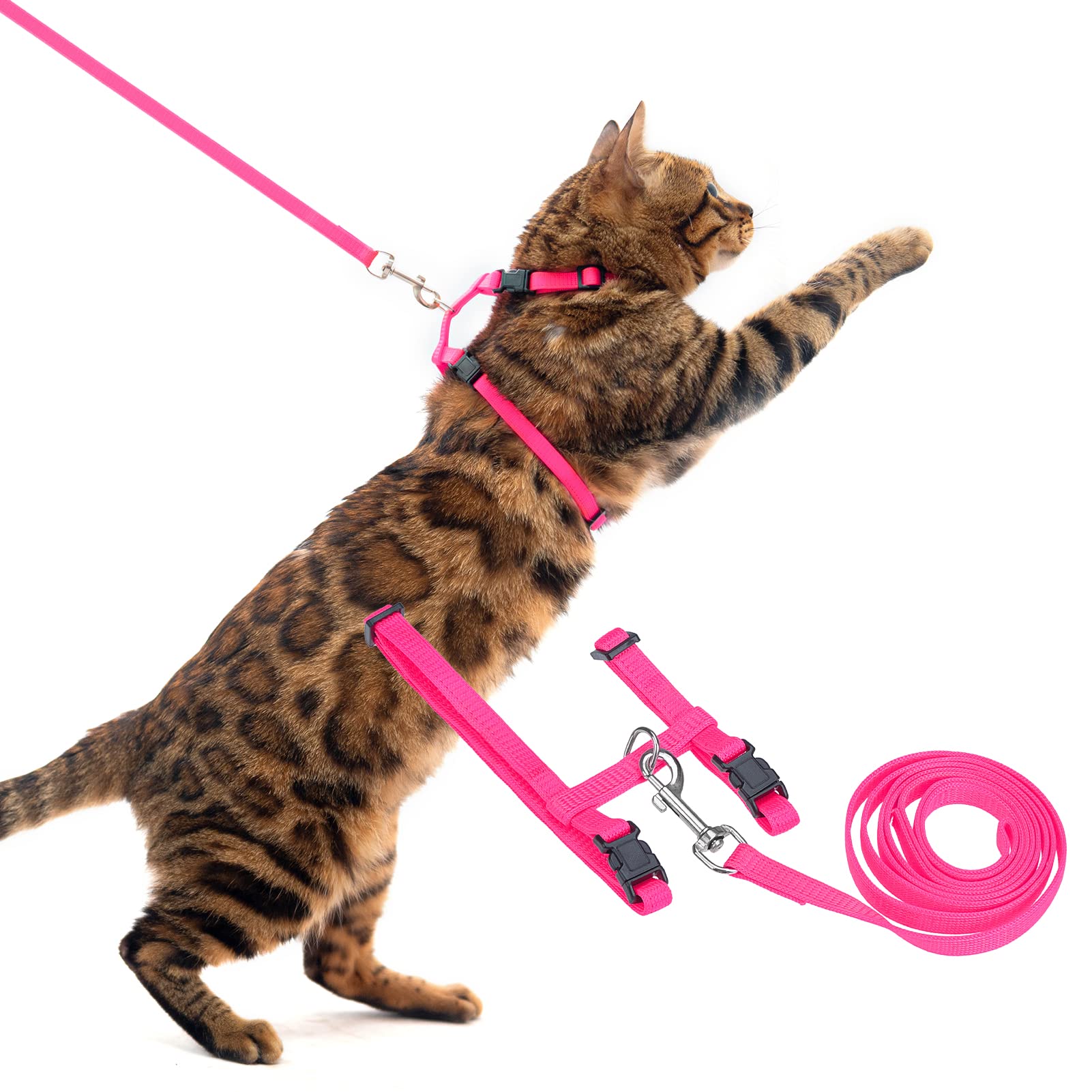 Pupteck Adjustable Cat Harness And Leash Set Escape Proof Kitten Strap Collar For Walking Travel, Hot Pink