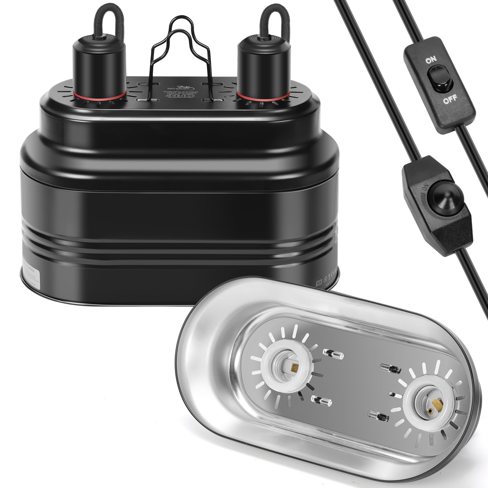 Mecesor Dual Reptile Light Fixture With Thermostat Switch And Independent Switch, Deep Dome Reptile Heat Lamp Fixture Optical Re