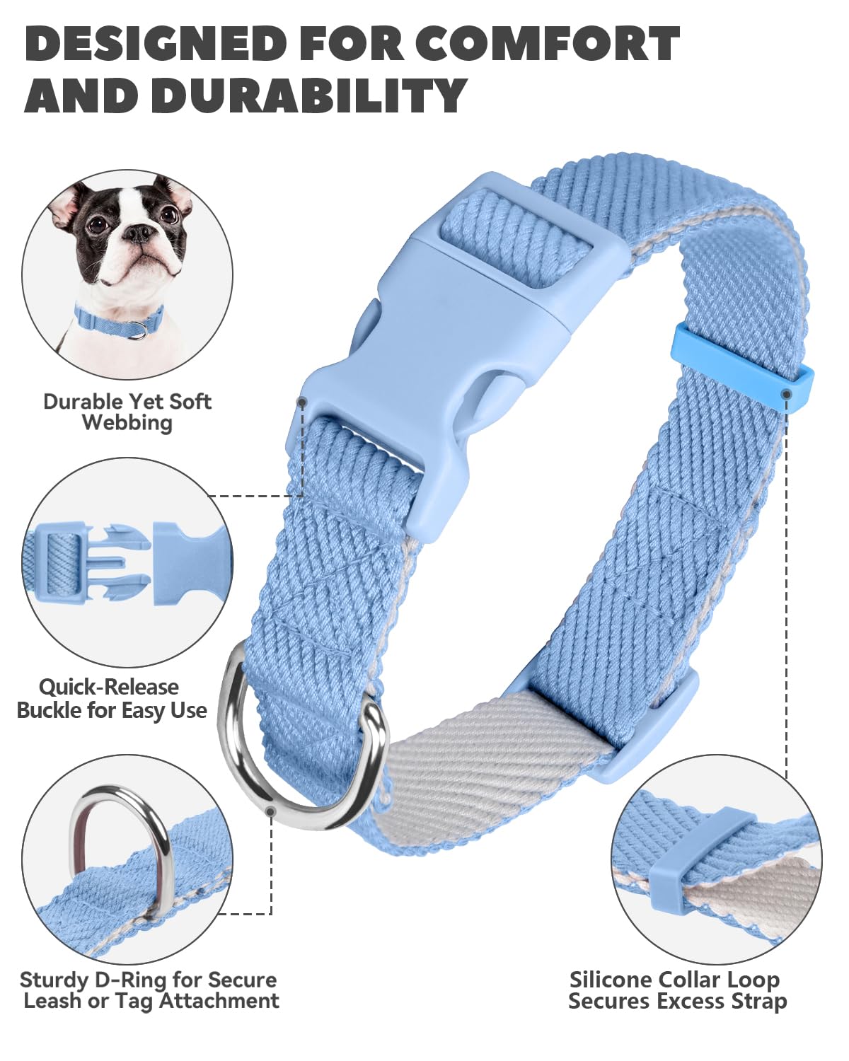 Dynmeow Soft And Breathable Cotton Dog Collar, Durable Adjustable Heavy-Duty Boy Pet Collar With Quick-Release Buckle, Lightweig