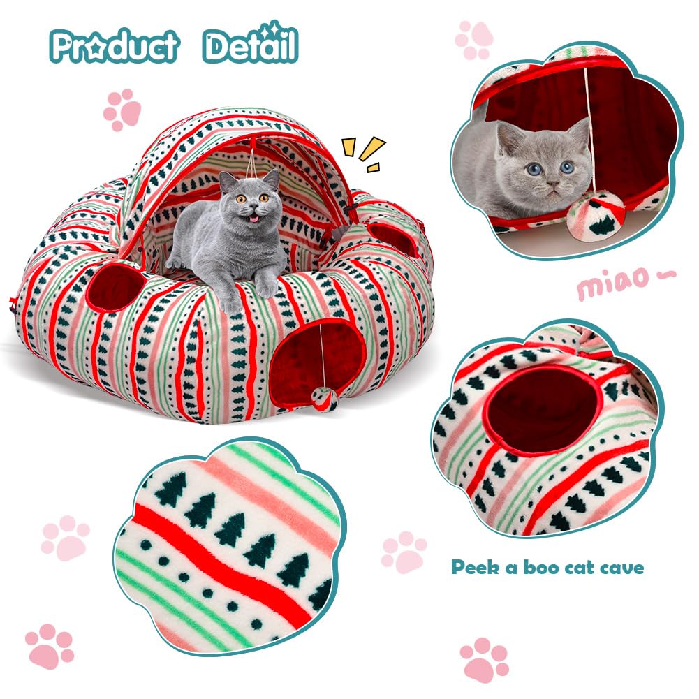 OUHOU Cat Tunnel Bed for Indoor Cats, Soft Plush Peekaboo Cat Cave Donut Tunnel, Multifunctional Cat Playground Toys Hideplace f