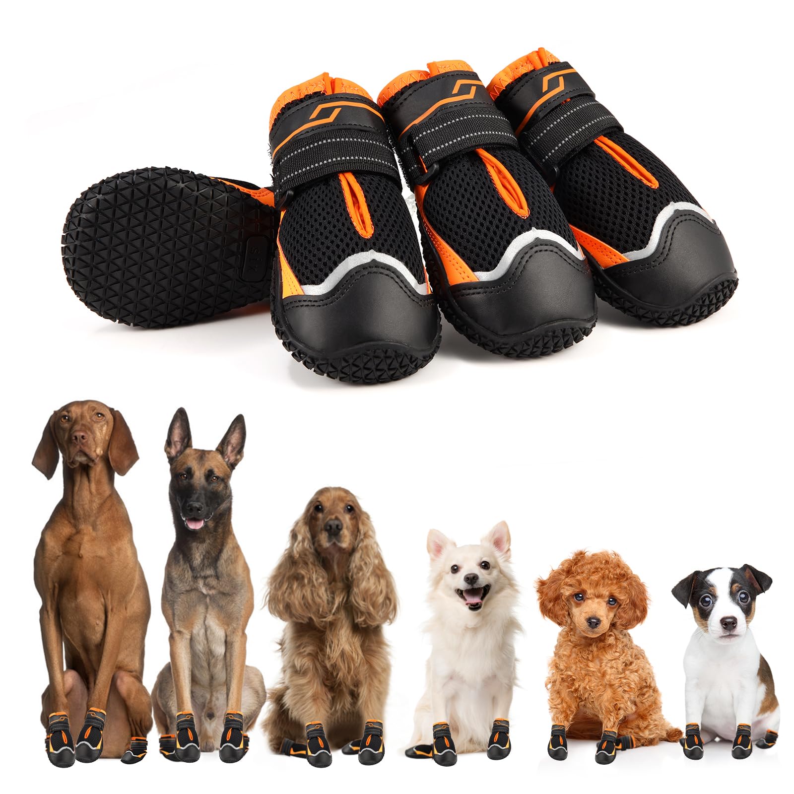 Musimc Dog Shoes For Hot Pavement & Snowy Day Protection, Anti-Slip, Breathable, 4Pcs, Size 5 (40-58 Lbs), Purple Black Blue Yel