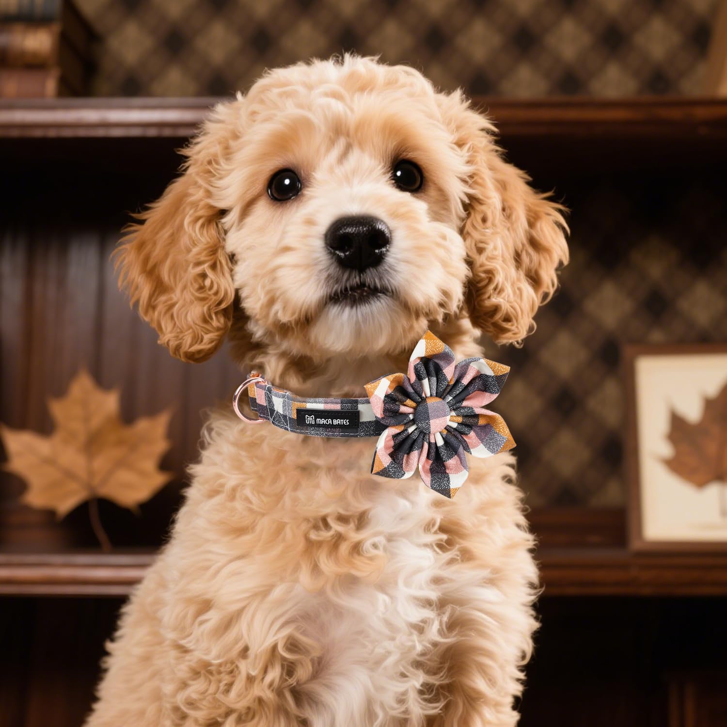 Maca Bates Fall Checkered Dog Collar with Flower Bow Tie for Small Girl,Boy Dogs Autumn Grey Pink Gingham Puppy Plaid Collars wi