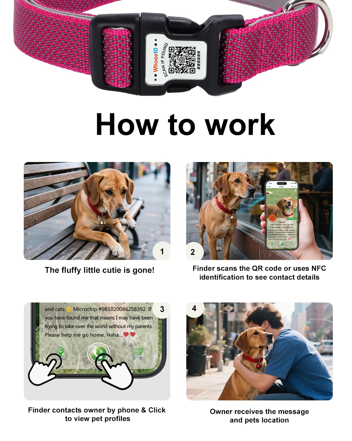 Whoseid Reflective Dog Collar With Airtag Holder,Adjustable Dog Collar With Neoprene Padded & Anti-Lost Qr Code Buckle (Rose, Me