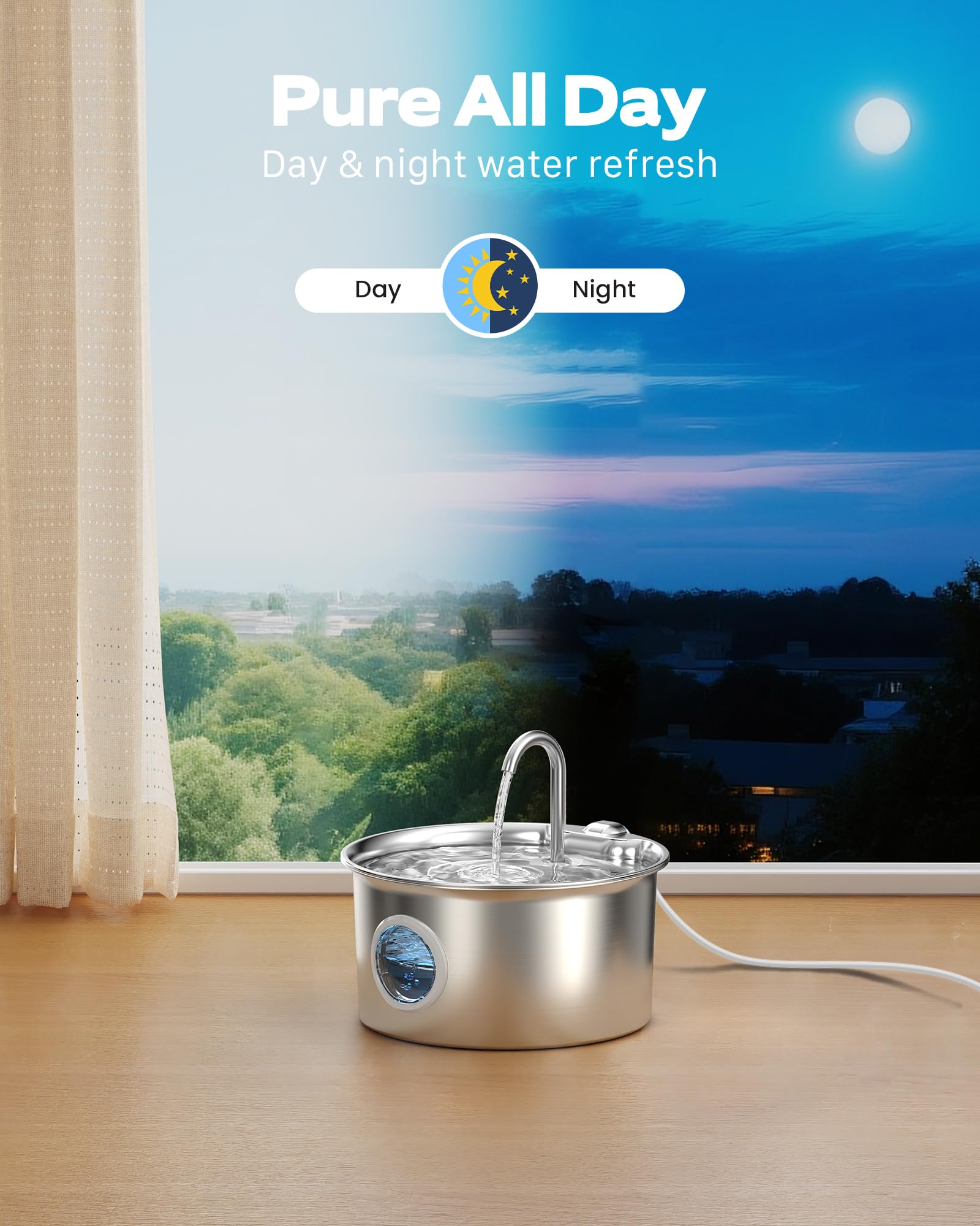 Stainless Steel Cat Water Fountain: Cat Fountain with 6 Filters + 3 Sponges - 88oz/2.6L Pet Water Fountain for Cats Inside - Sil