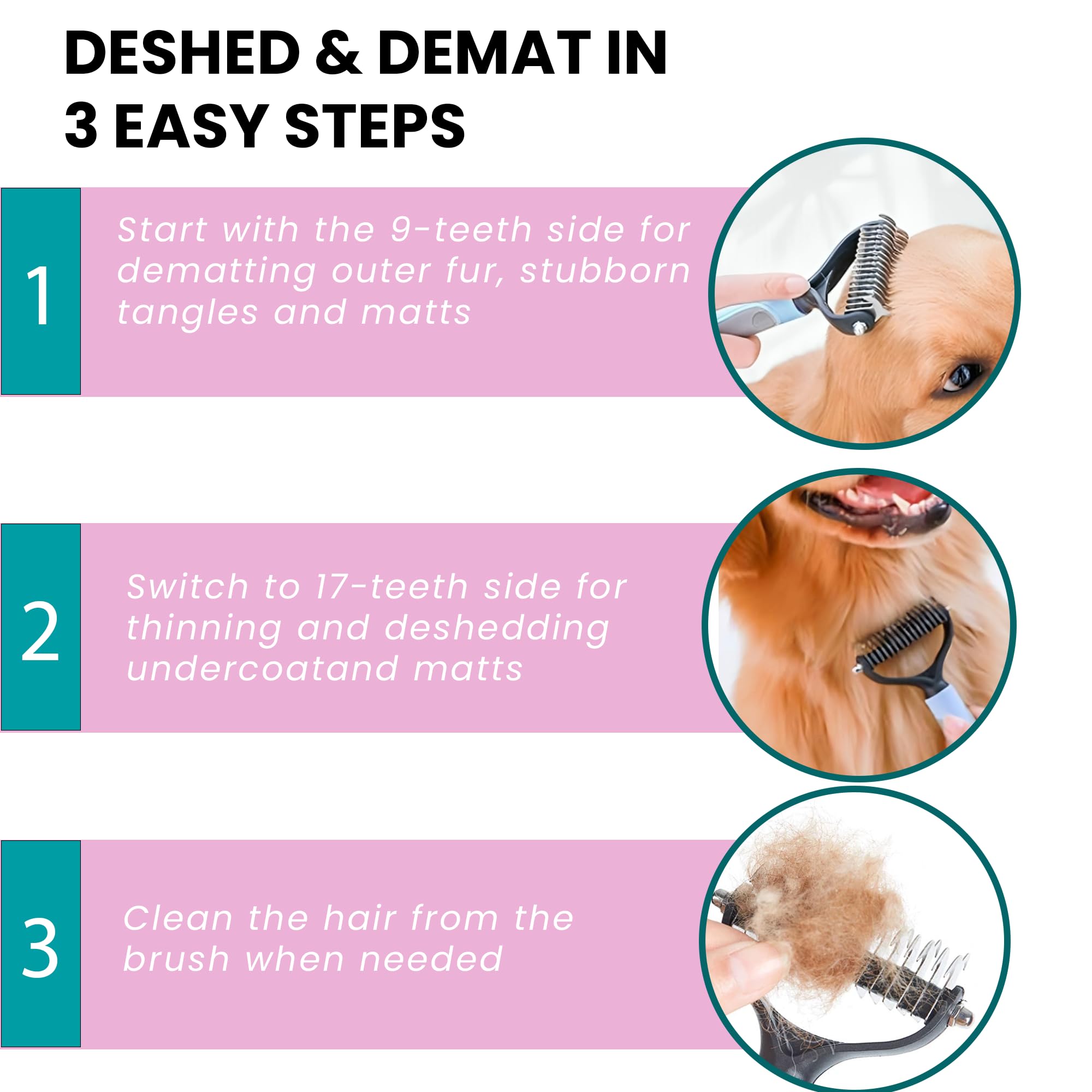 Kwest Essentials Pet Grooming Brush - Shedding Comb & Dematting Tool For Dogs & Cats, Extra Wide Undercoat Rake, Pink