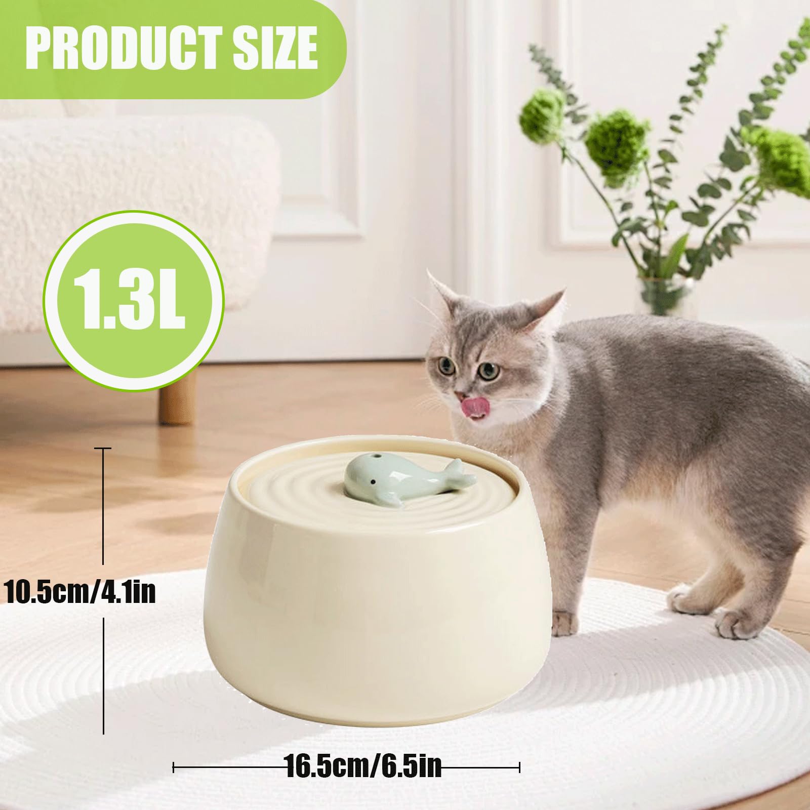 Ceramic Pet Feeding And Drinking Bowls, 1.3L/ 44Oz Cat Water Fountain, Pet Drinking Fountain For Cats Dogs Indoor, Cat Water Dis