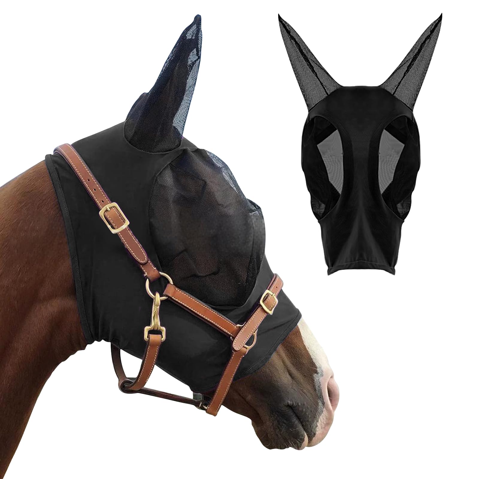 HUIKANGSHENG Horse Fly Mask with Ears Fit for Pony - Equine Fly Mask for Horses with Sunlight Protection, Large Eye Space with B