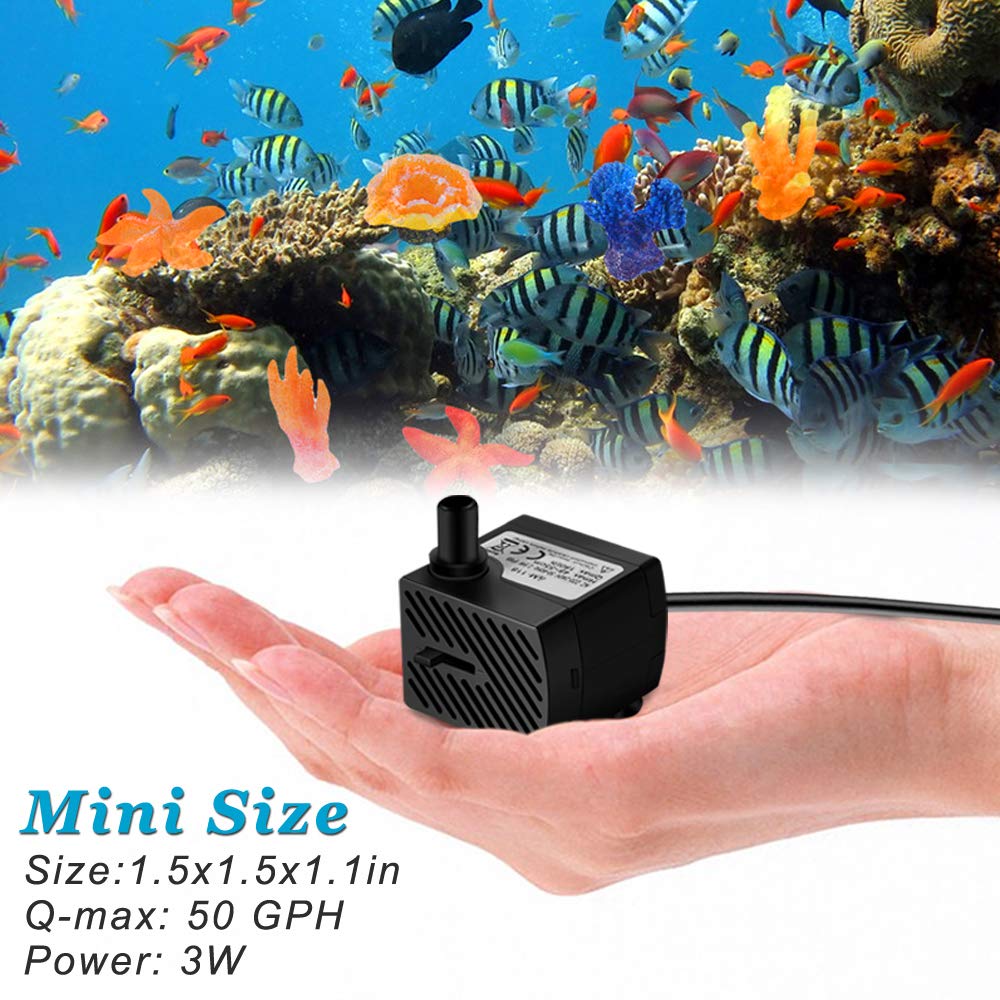 DOMICA Mini Submersible Water Pump 3W 50GPH for Aquariums, Fountains, Black