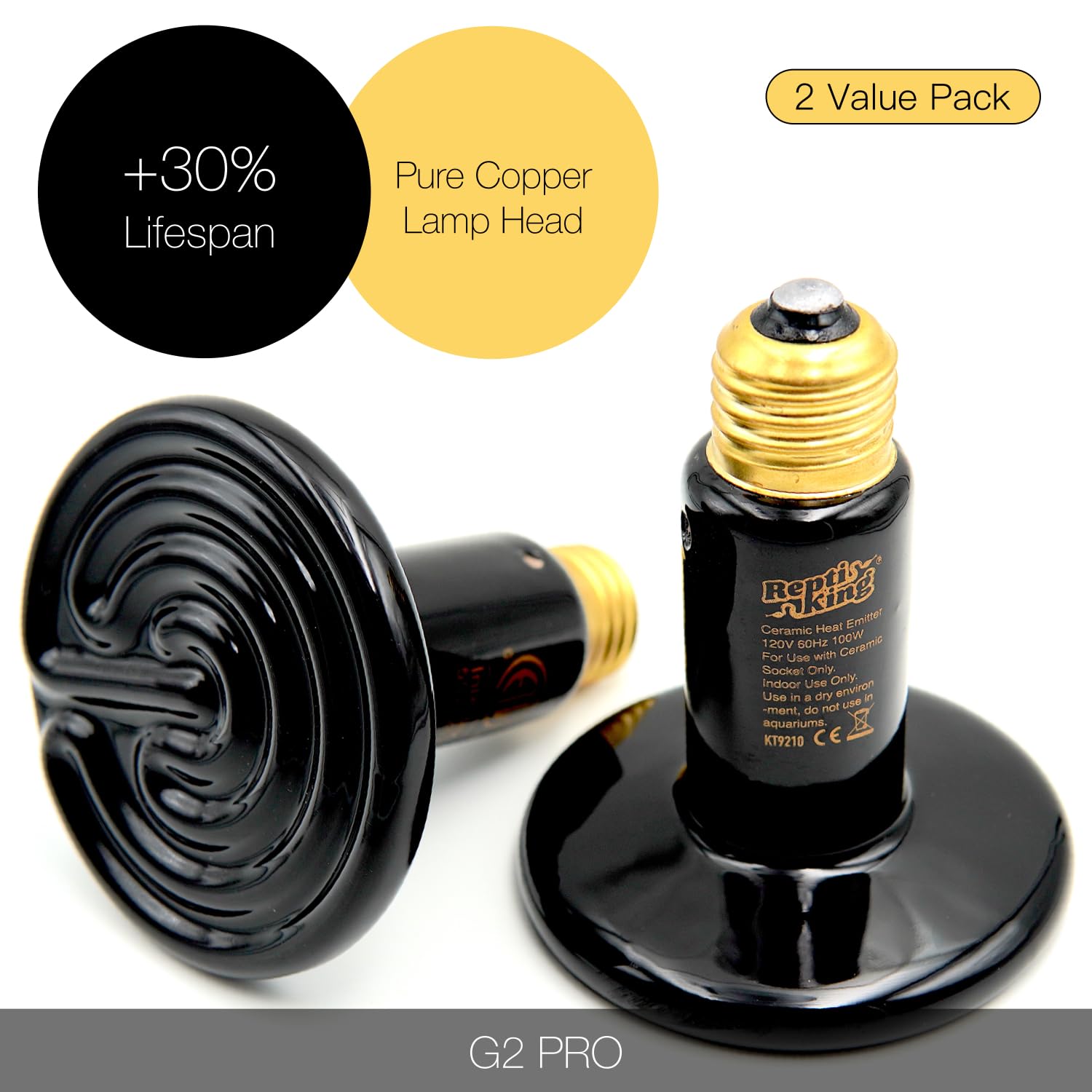 Reptiking Ceramic Heat Emitter, 2-Pack 100W, Reptile Heat Lamp Bulbs, Ceramic Heating Bulb For Reptiles, Amphibian, Chick, Dog,