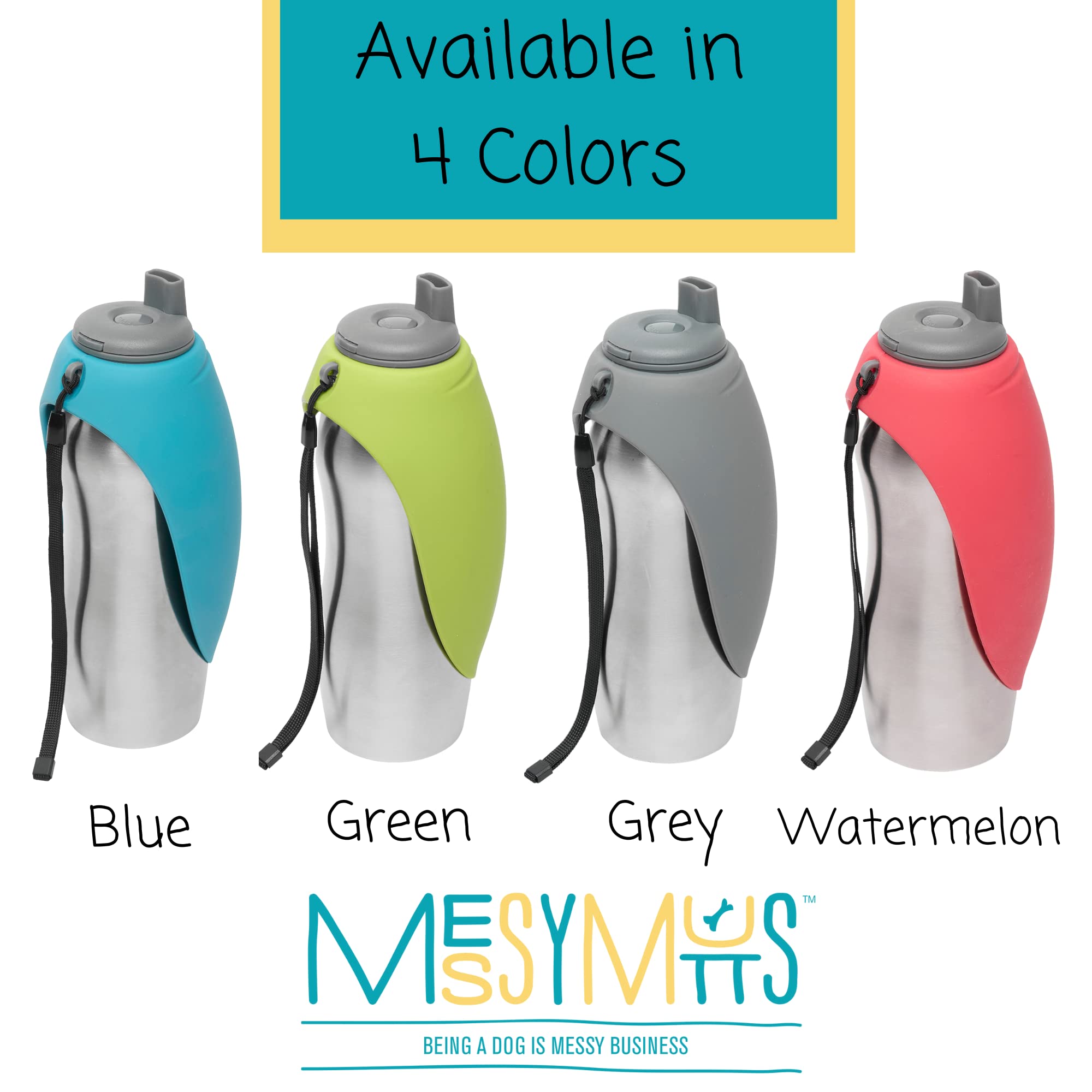 Messy Mutts Stainless Steel Travel Water Bottle With Silicone Flip Up Bowl | Pet Travel Necessity | Camping, Hiking, Walking Accessory | 24 Oz / 700Ml | Grey