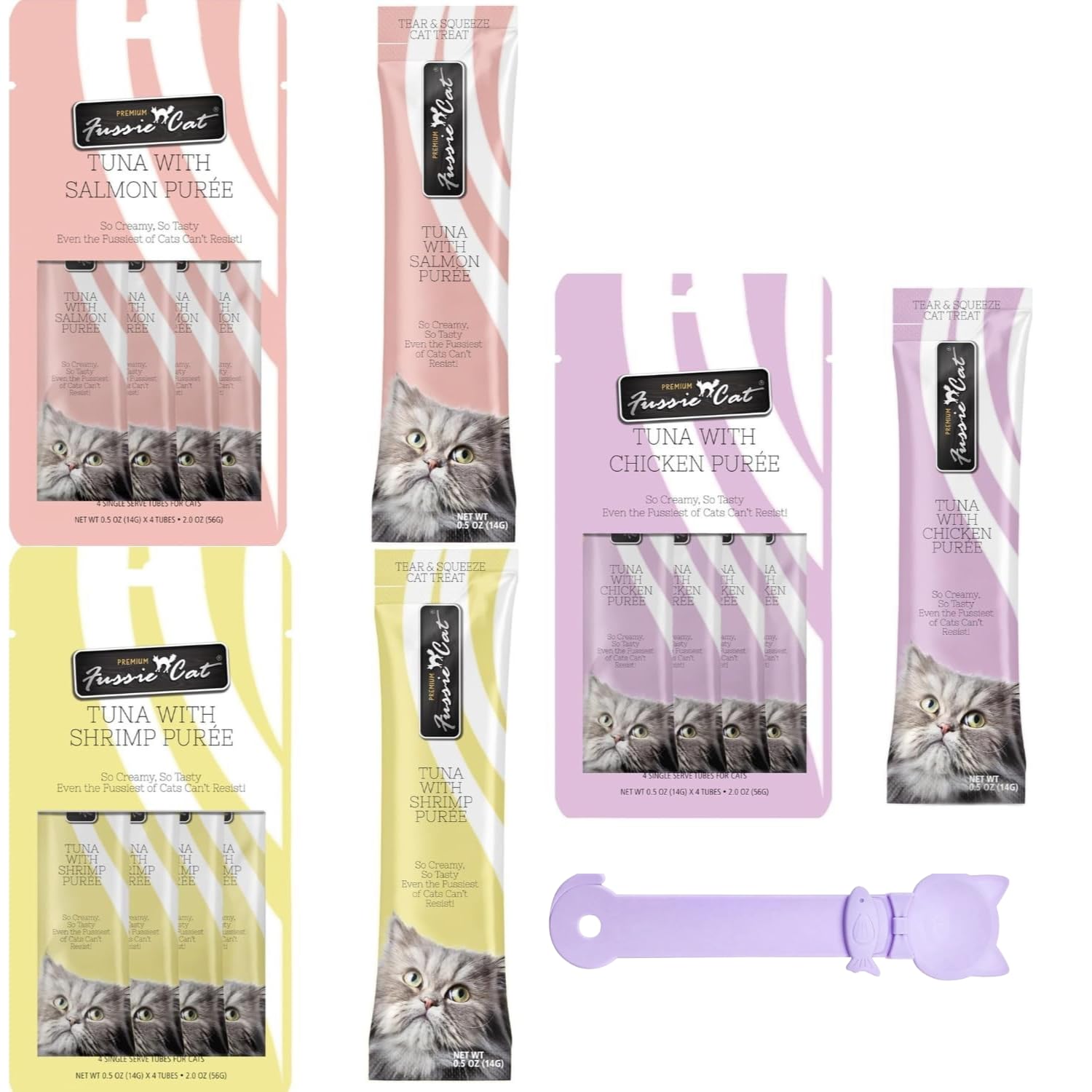 Fussie Cat Premium Puree Lickable Cat Treats in Tuna Puree, Lickable Treats, 3 Packs of 4-0.5oz Tubes,(12 Total Tubes) Variety F