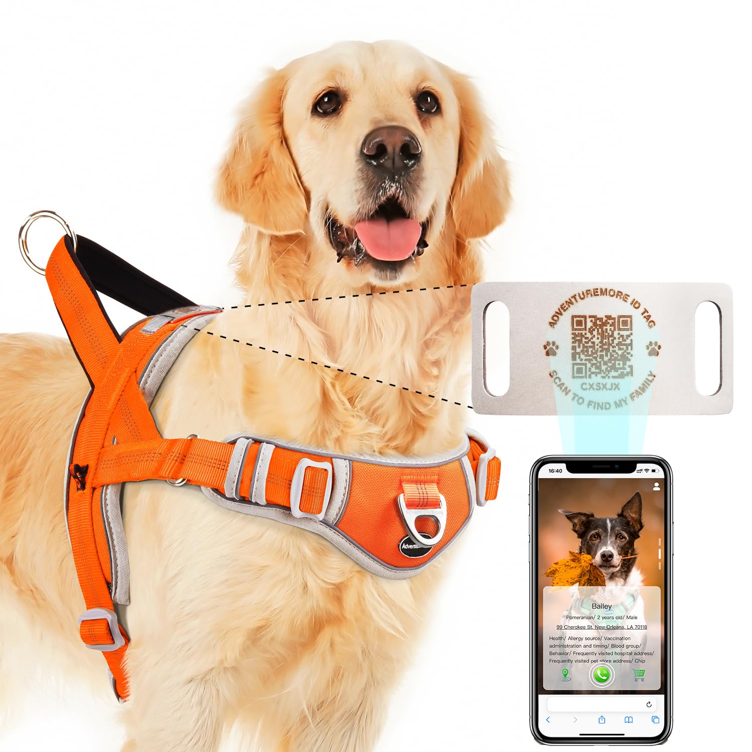 Adventuremore Dog Harness Medium No Pull With Qr Code Dog Tag, Adjustable Reflective Vest, Escape Proof Smart Id Tag With Easy C
