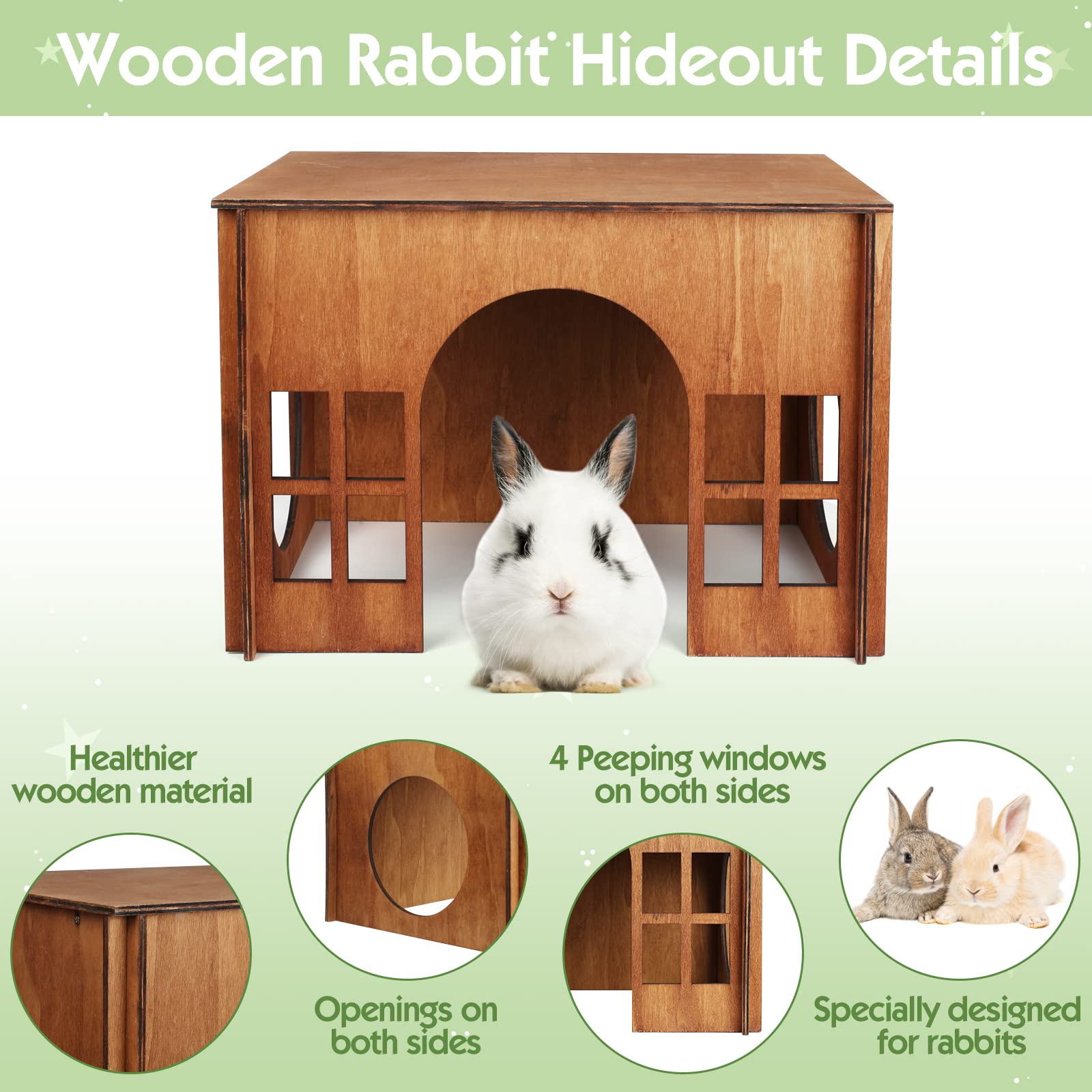 Rabbit House Wooden, Rabbit Houses And Hideouts Whearted, Large Rabbit Hideout Bunny House With Multiple Windows For Indoor Adult Bunnies Guinea Pigs Chinchilla Habitat - Brown