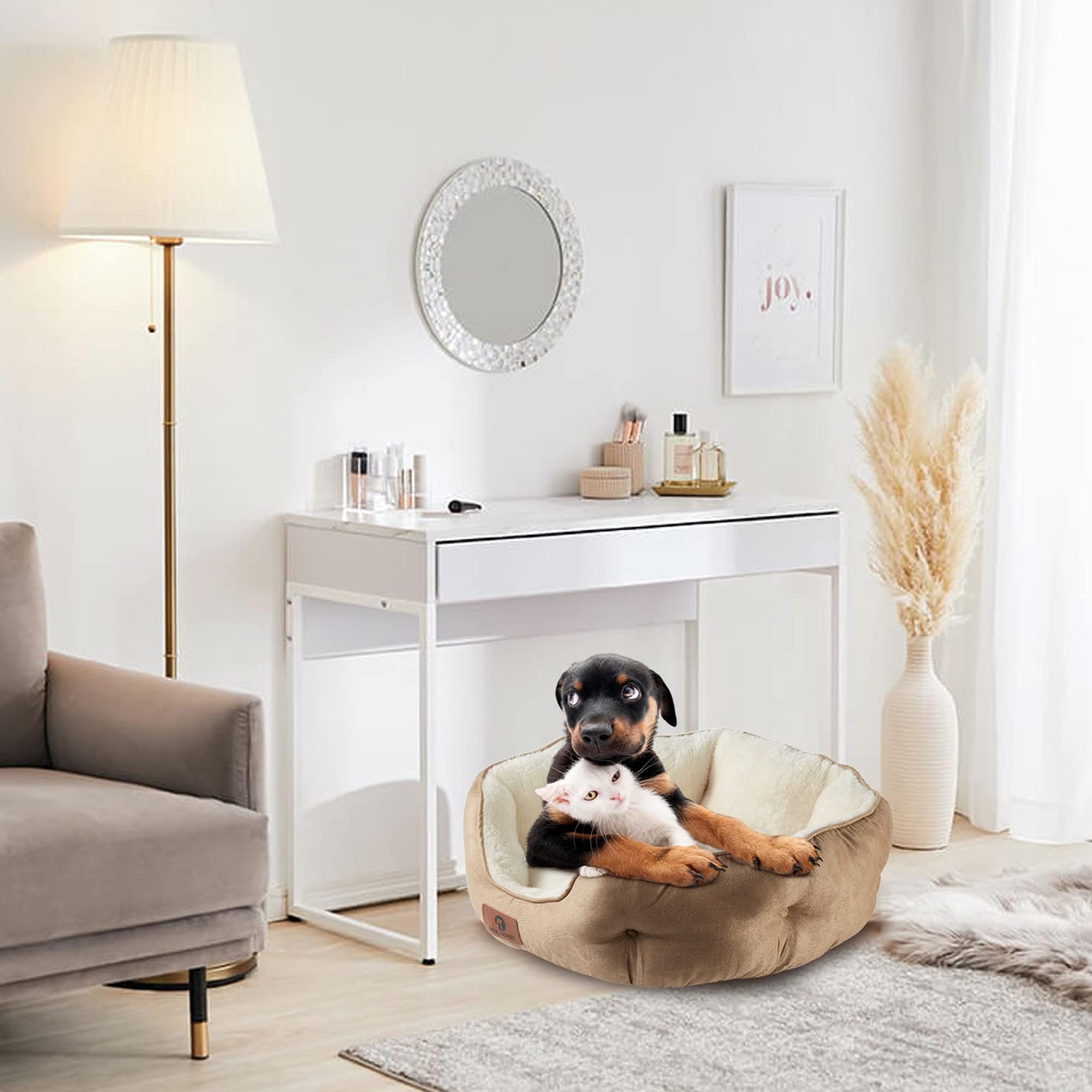 Asvin Small Dog Bed For Small Dogs, Cat Beds For Indoor Cats, Pet Bed For Puppy And Kitty, Extra Soft & Machine Washable With Anti-Slip & Water-Resistant Oxford Bottom, Light Brown, 20 Inches