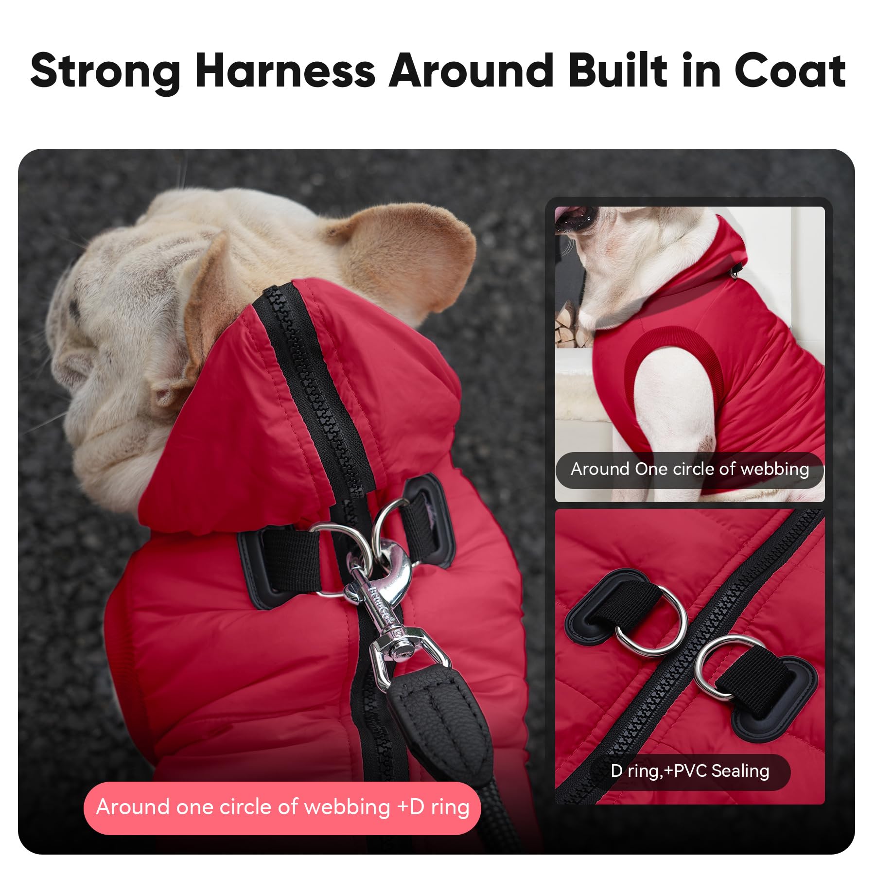 Vecomfy Fleece Lining Dog Hoodie With Harness Built In,Extra Warm Medium Dog Jacket In Winter Doggie Coats With Hooded,Red L