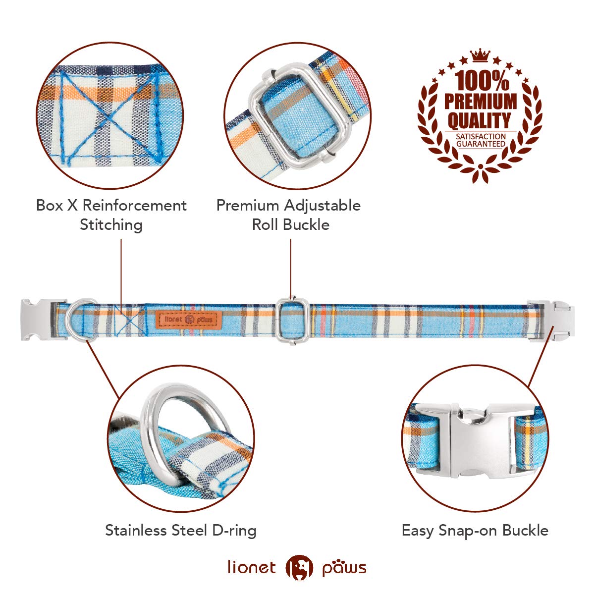 Lionet Paws Boy Dog Collar With Bowtie, Comfortable Adjustable Cute Blue Plaid Bow Tie Collar For Male Dogs Gift, Medium, Neck 1