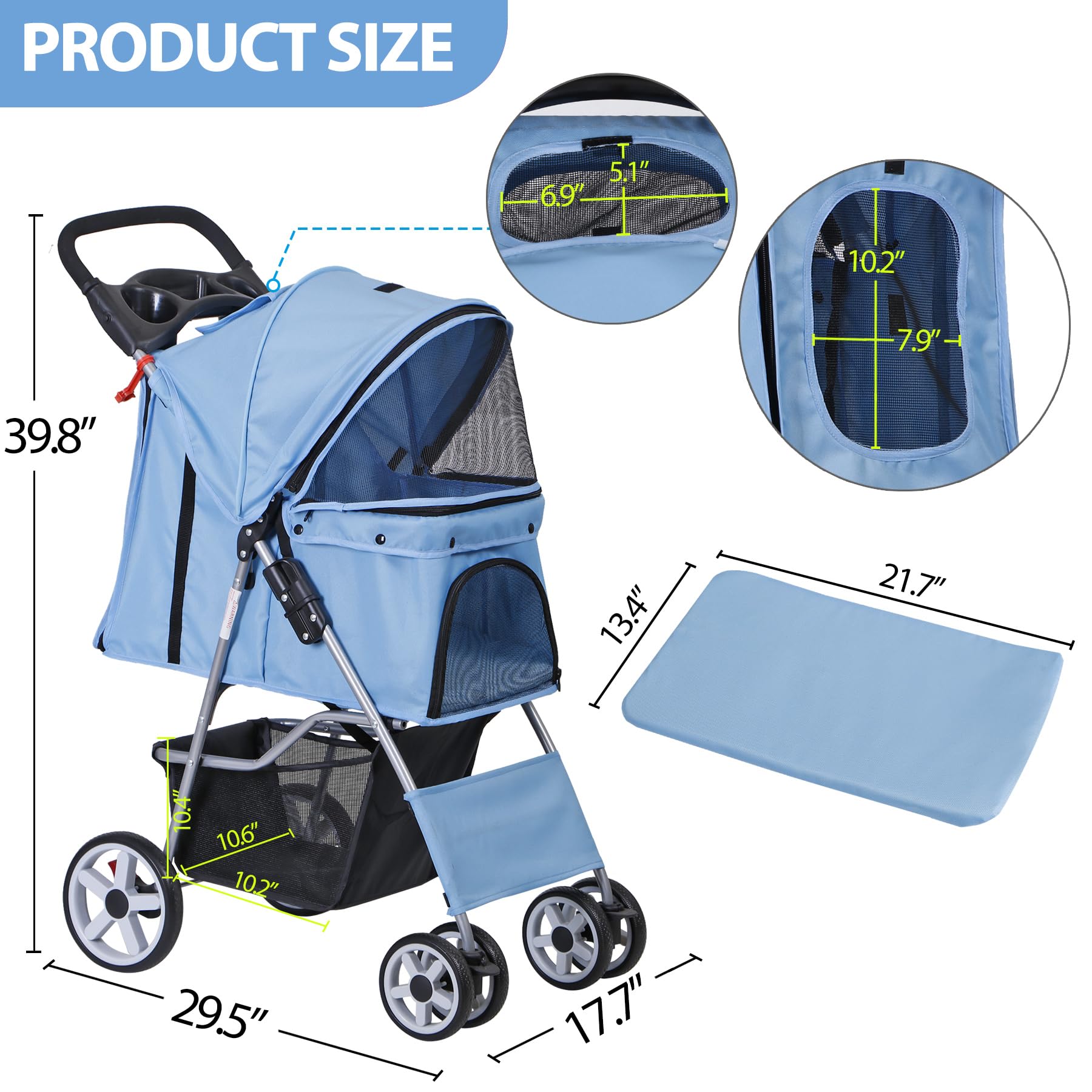 Lemy Folding Pet Stroller, 4 Wheels Dog Cat Stroller With Storage Basket&Cup Holder, Dog Cat Cage Jogger Stroller For Small Medi