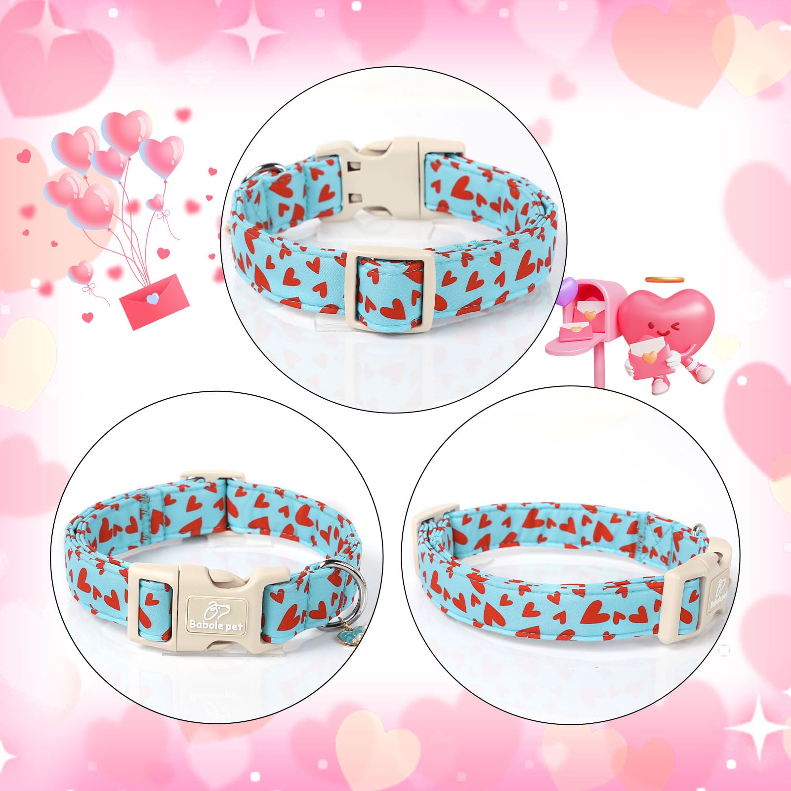 Babole Pet Valentines Dog Collar for Small Dogs - Design Cute Light Blue Valentine Dog Collars Boy Girl Puppy Adjustable Quick R