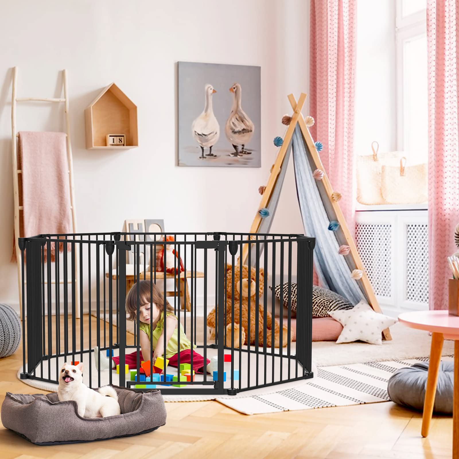 Kfvigoho Baby Gate 35'-198' Extra-Wide Gate For Stairs, Play Yard Child Safety Gate, Dog-Gate With Auto-Close Door, Double Locking System For Fireplace, Kitchen, Foldable 8 Steel Panels, 29' Height