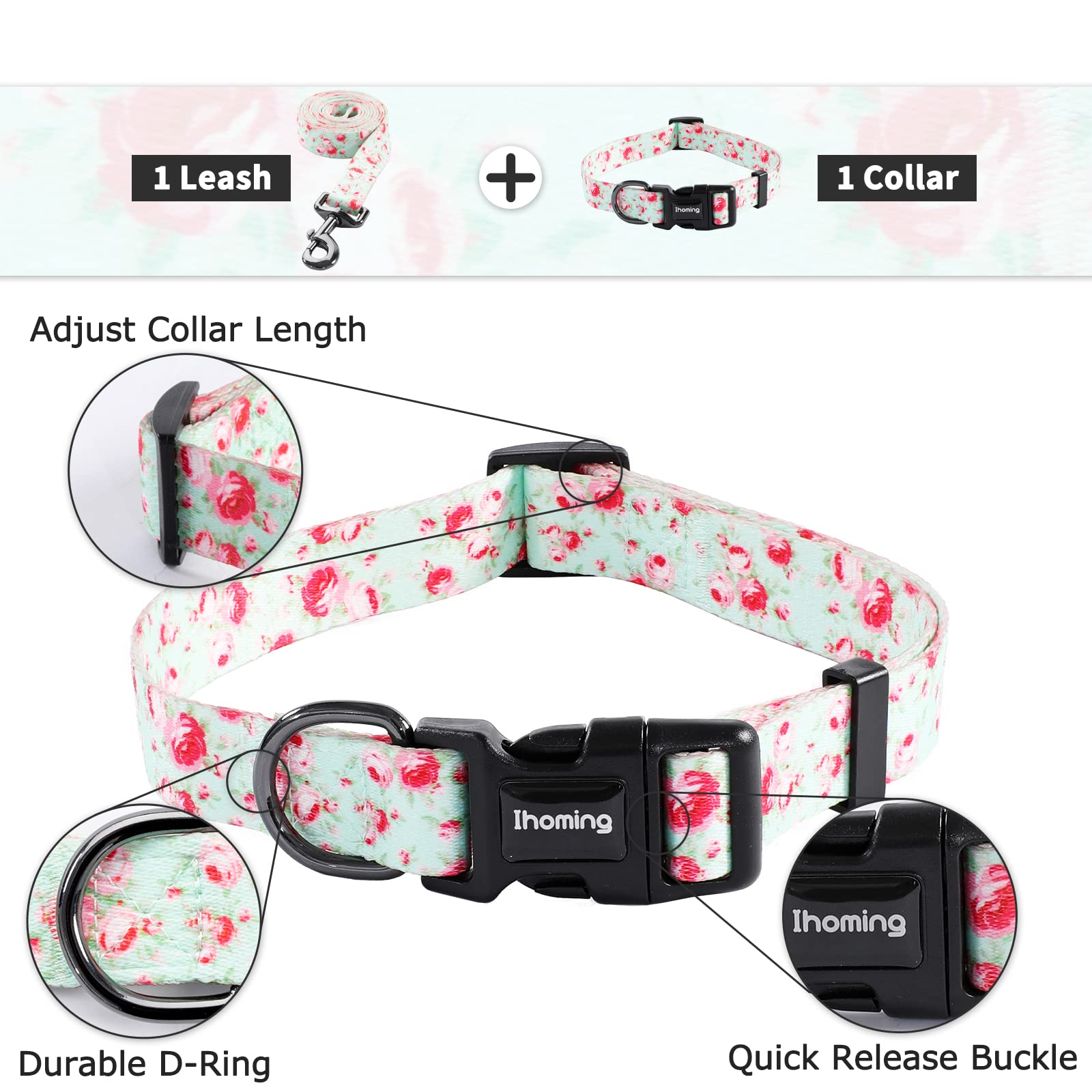 Ihoming Dog Collar And Leash Set For Daily Outdoor Walking Running Training, Floral Greenlake Design For Medium Boys Girls Dogs