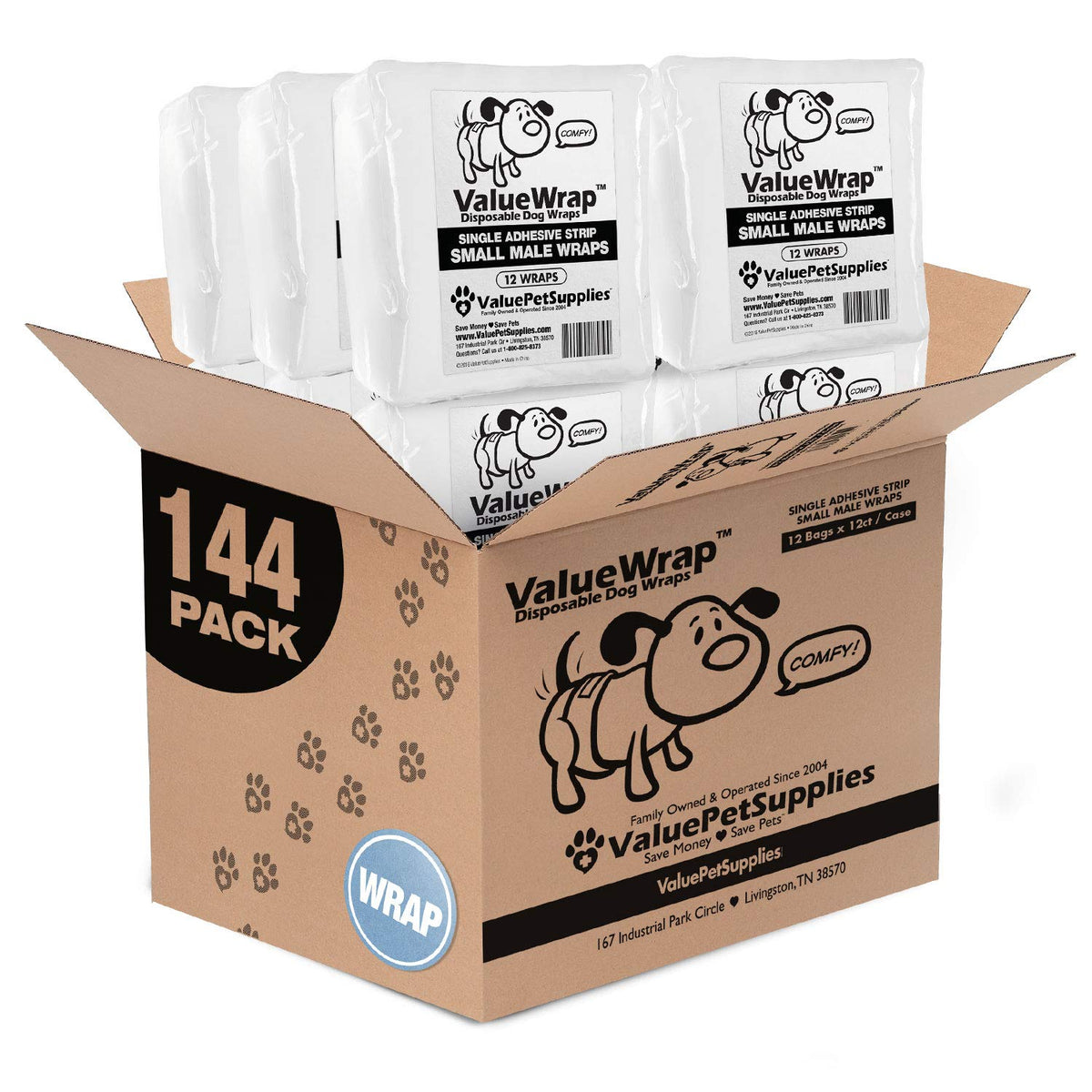 Valuewrap Male Wraps, Disposable Dog Diapers, 1-Tab Small, 144 Count - Snag-Free Fastener, Leak Protection, Wetness Indicator