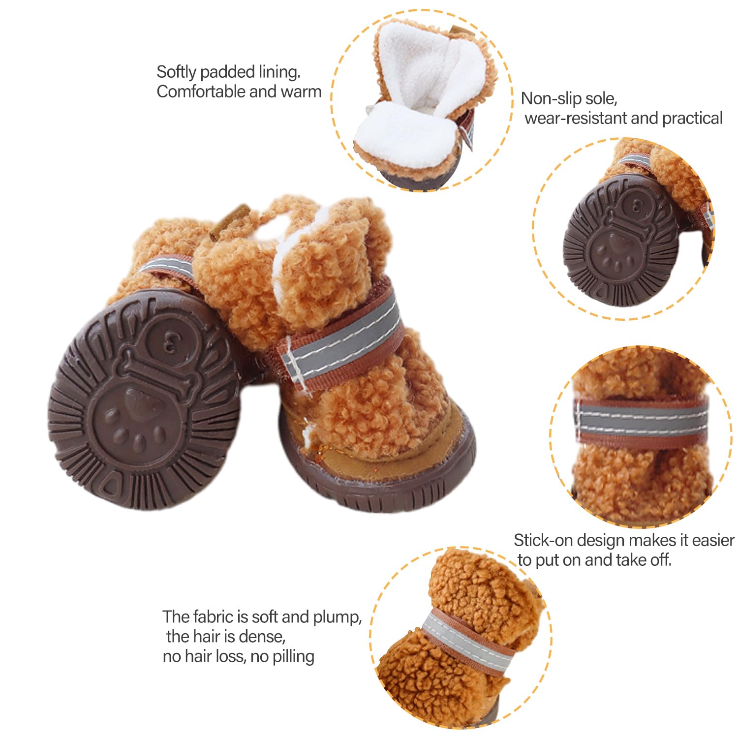 Urbest Dog Shoes Puppy Plush Warm Dog Snow Boots Reflective Strips Anti-Slip Rubber Sole Suitable For Small Medium-Sized Dog (Br