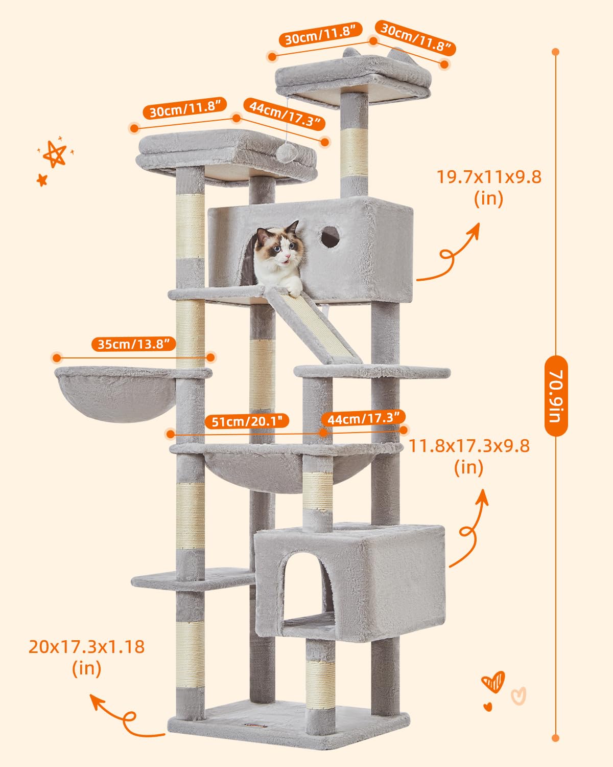 Taoqimiao Cat Tree 71-Inch, Cat Tower for Indoor Cats Large Adult, Multi-Level Large Cat Condo, 8 Sisal Scratching Posts, Metal