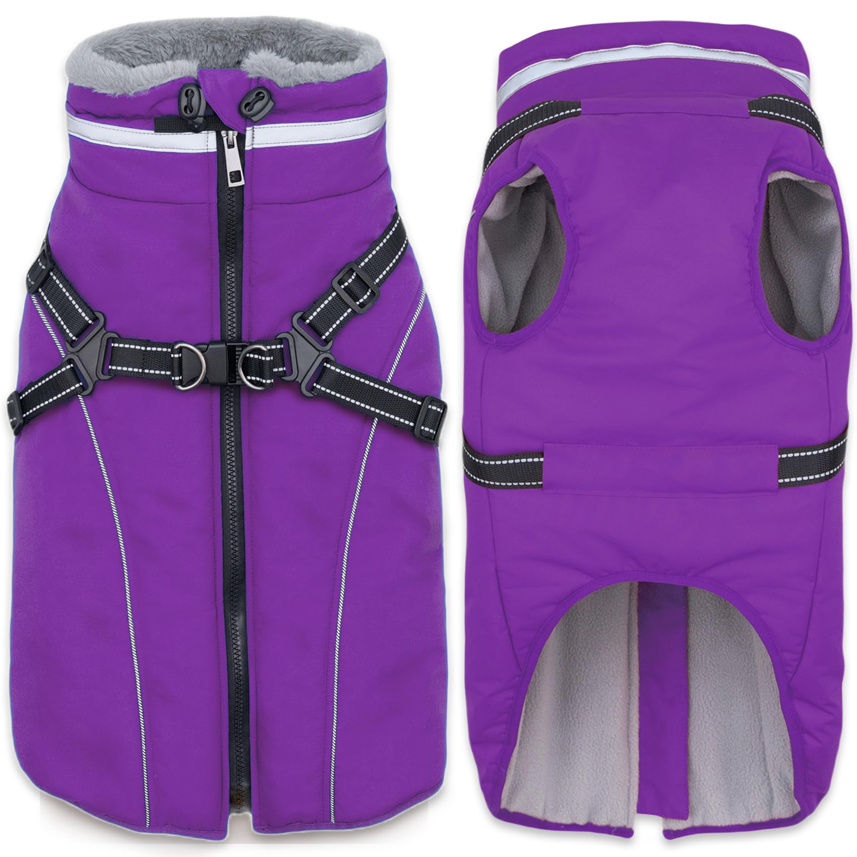 Fragralley Waterproof Dog Coat with Harness, Fleece Lined Warm Puffer Jacket, Adjustable Reflective Windproof Parka for Small Me