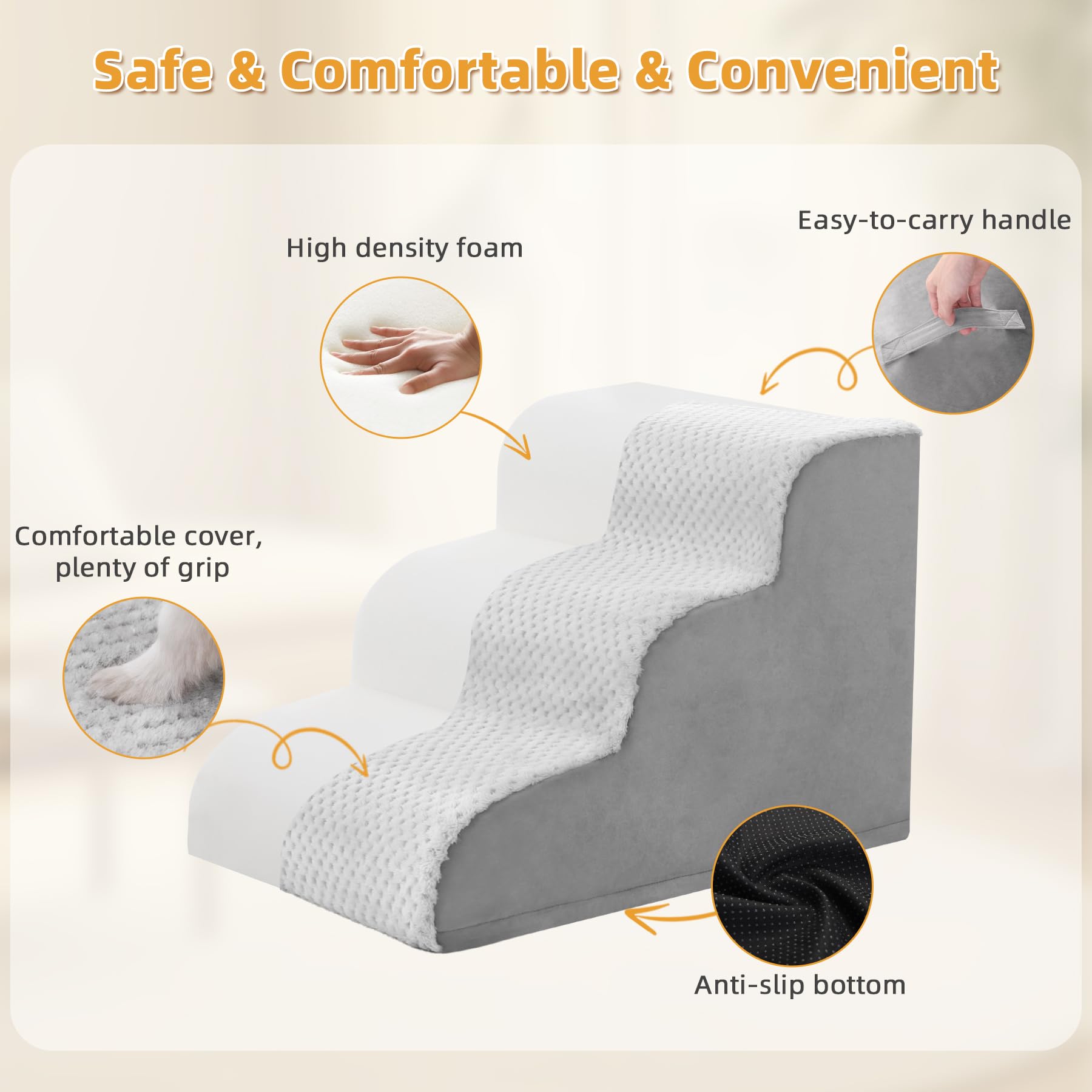 Mihikk Dog Stairs Ramp, Curved 3-Step Dog Steps For Small Dogs And Cats, Pet Stairs For High Beds And Couch With Anti-Slip Washa