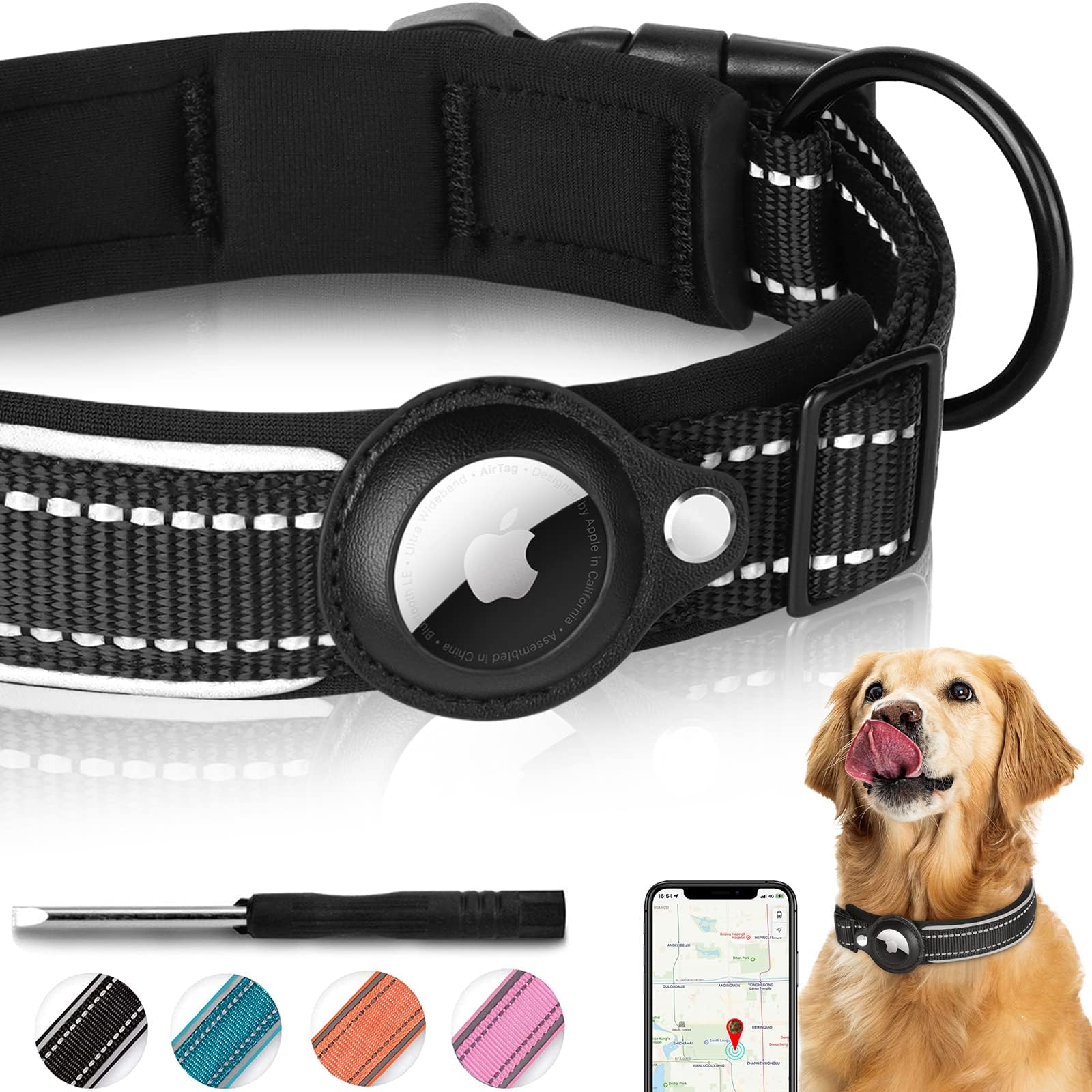 AirTag Dog Collar, Reflective Apple Air Tag Dog Collar, Padded Dog Collars with AirTag Holder Case, Adjustable Air Tag Pet Colla