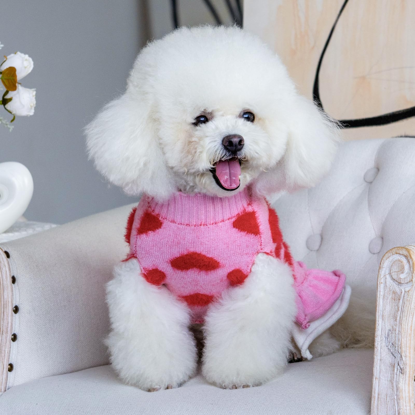 Cutebone Fancy Pink Dog Sweater Dress, Soft And Stretchy Dog Clothes For Small Dogs Girl, Pink Heart Puppy Sweater Pullover Ruff