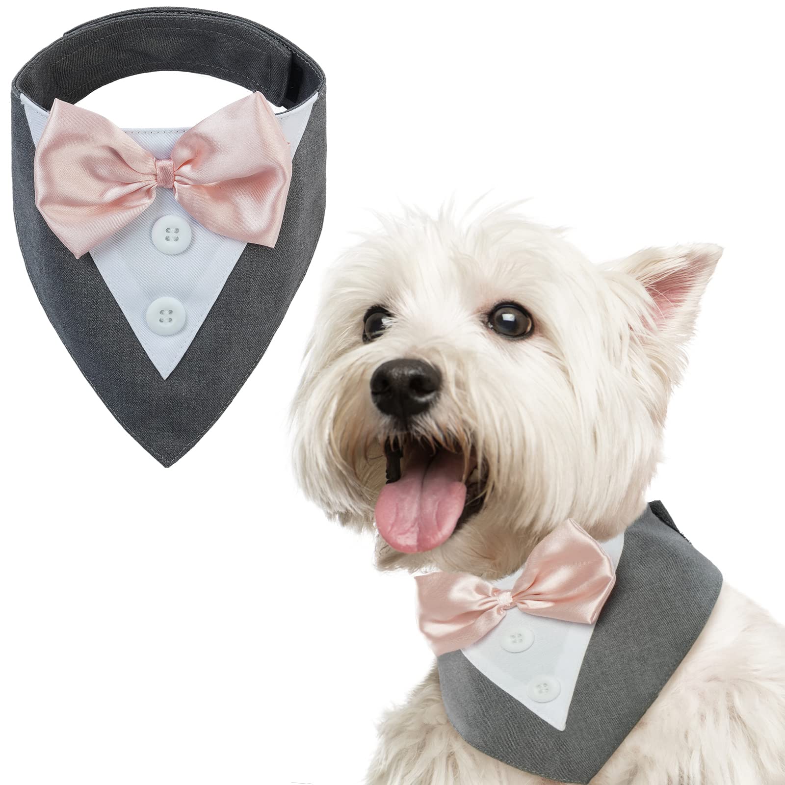 FUAMEY Tuxedo Dog Collar with Bow Tie - Formal Wedding Bandana for Small to Large Pets, Grey