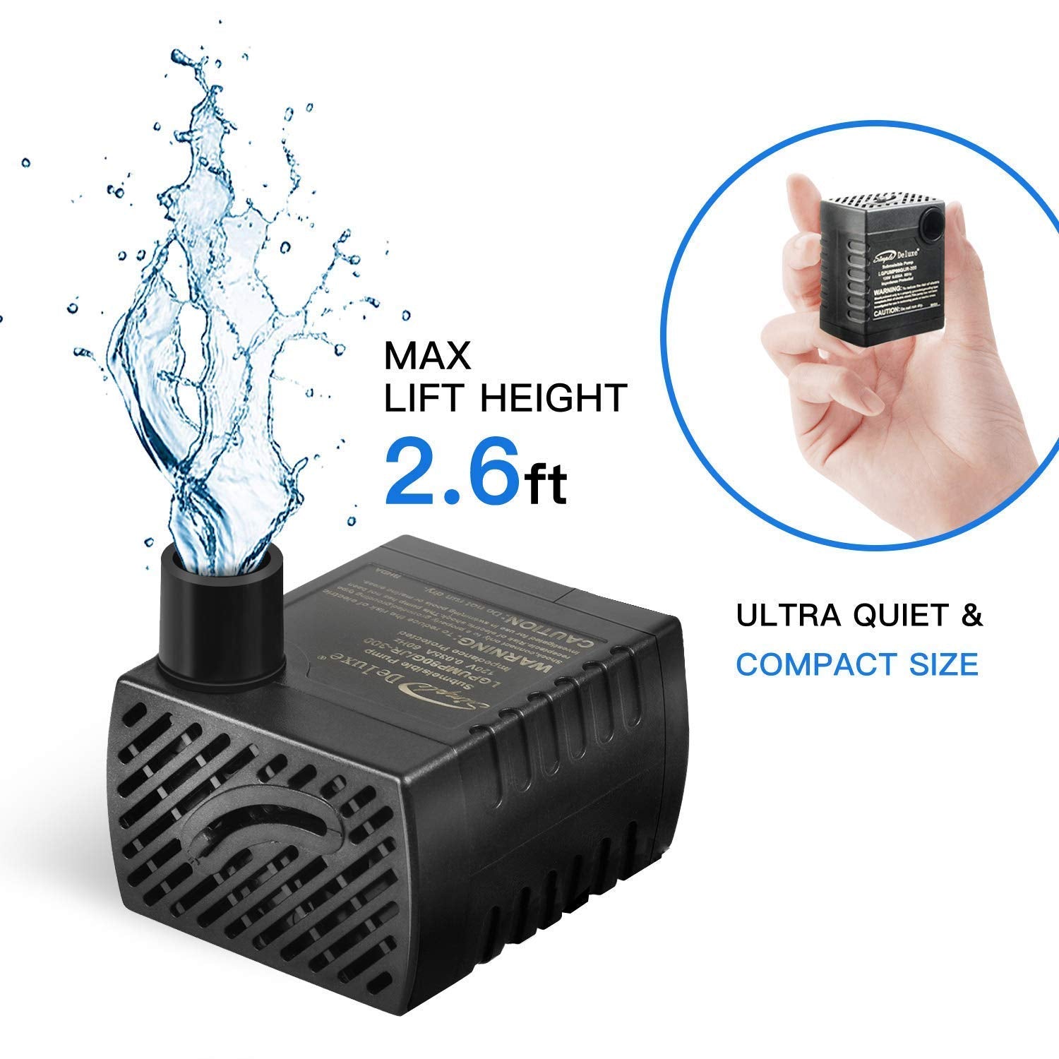Simple Deluxe 80 Gph 3.6W Submersible Pump With Adjustable Intake & 6' Waterproof Cord For Fish Tank, Hydroponics, Fountains, Ponds, Statuary, Aquariums, Black