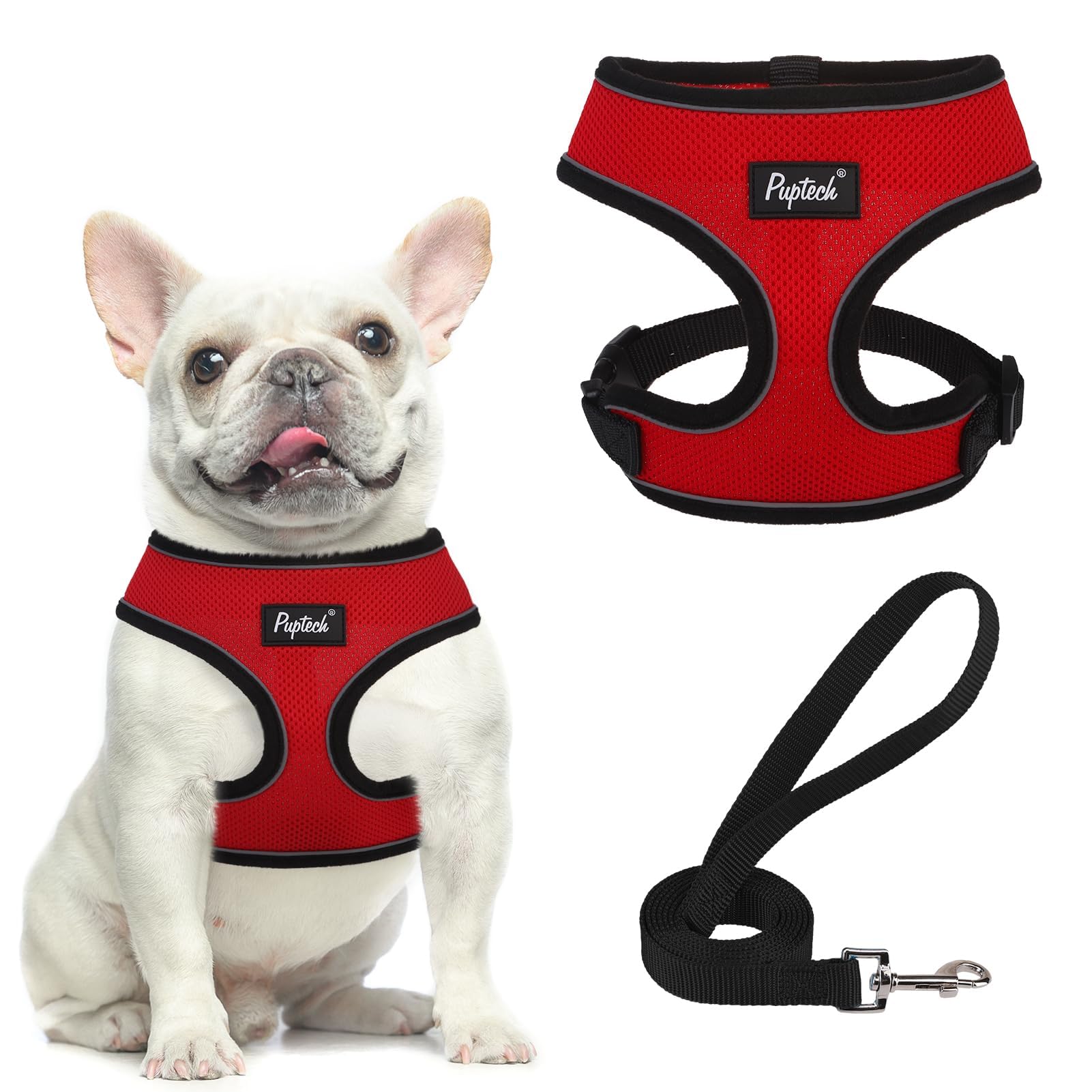 Pupteck Soft Mesh Dog Harness And Leash Set Pet Puppy Cat Comfort Padded Vest No Pull Harnesses, Solid Red, S