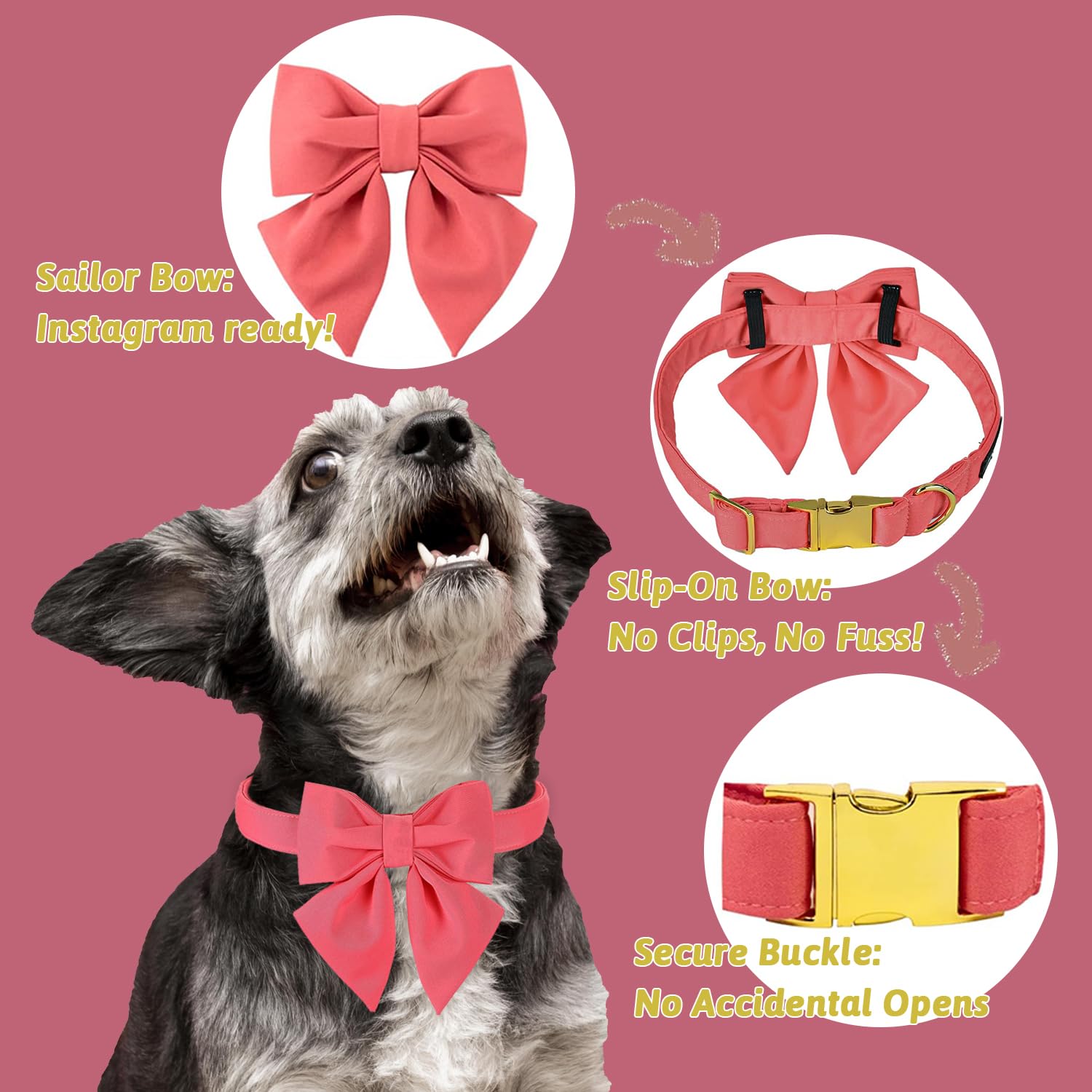 Maca Bates Dog Collar With Peach Pink Bow Bowtie For Dogs Solid Colors Sailor Bow Tie Adjustable Breakaway Girly Collars Birthda