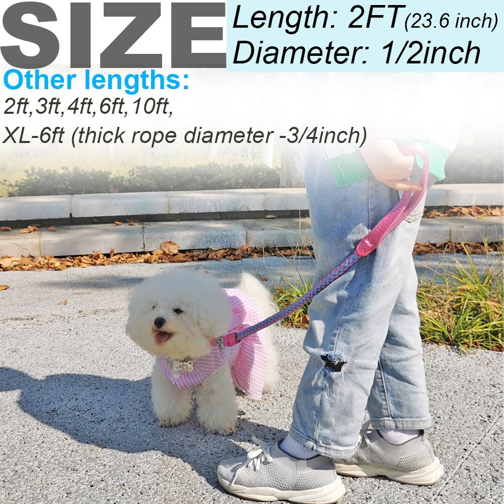Mycicy Heavy Duty Reflective Dog Leash 2ft Nylon Braided Rope - Pink with Safety Lock & Soft Handle