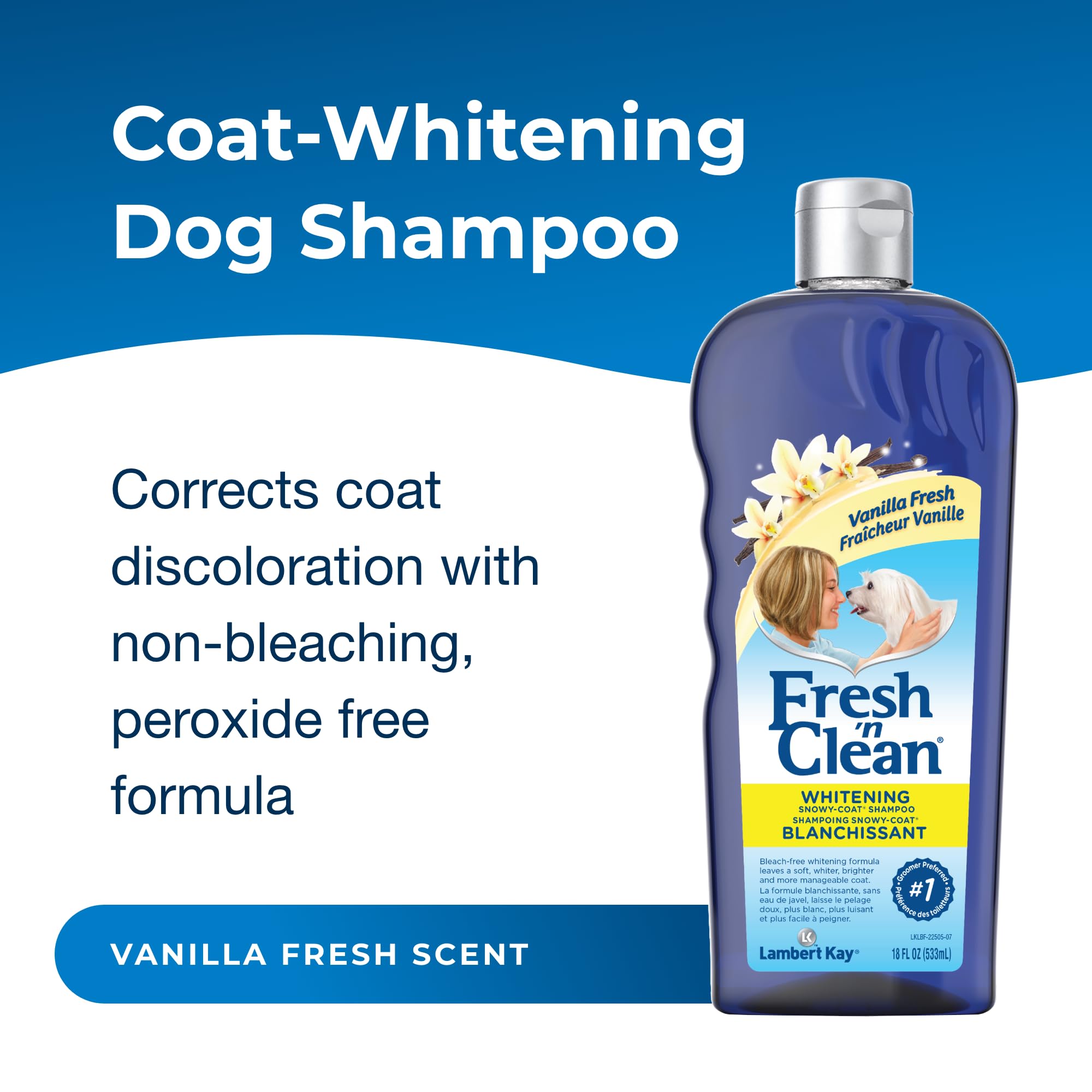 Pet-Ag Fresh ’N Clean Whitening Snowy-Coat Shampoo, Vanilla Scent - 18 Oz - Bleach-Free Formula To Correct Yellow Discoloration - Strengthens & Moisturizes Coats - Soap Free