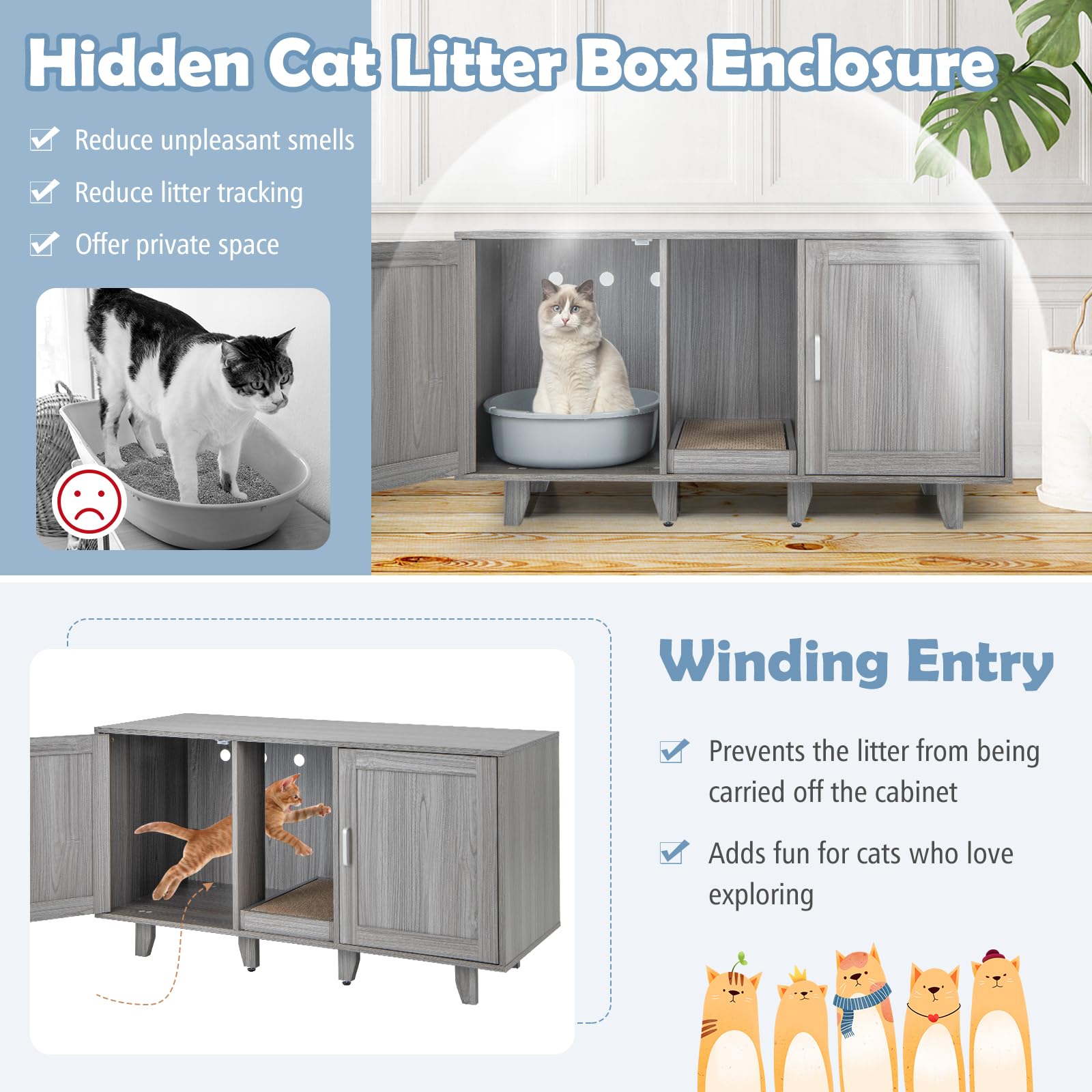 Petsite Litter Box Enclosure For 2 Litter Boxes, Hidden Cat Washroom Tv Stand End Table With 2 Cabinet, Scratching Board, Indoor Cat Litter Furniture (Grey Wash)
