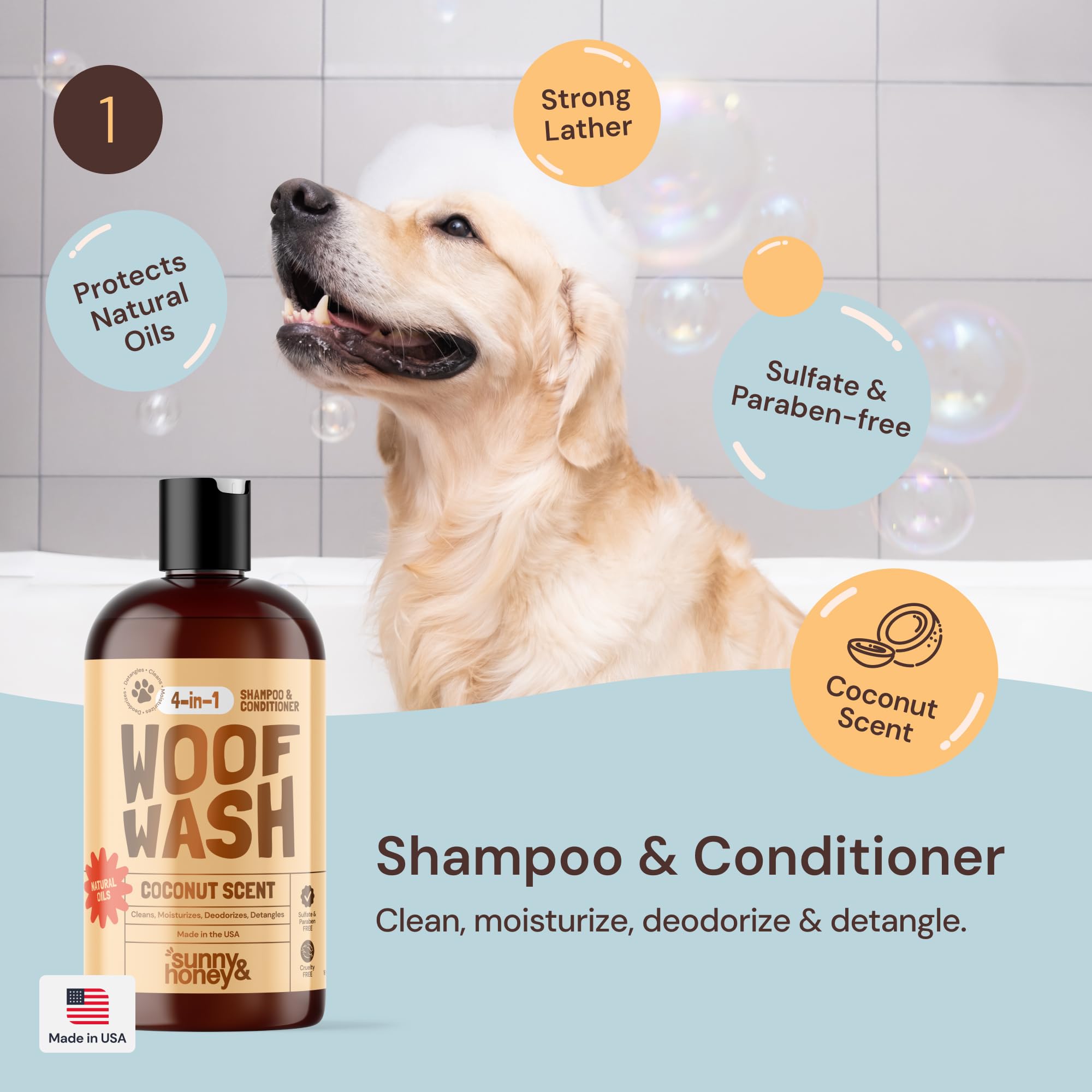 Sunny & Honey Bath Bundle - Dog Shampoo And Conditioner, Perfume, Brush For Shedding & Microfiber Towel - Moisturize & Detangle