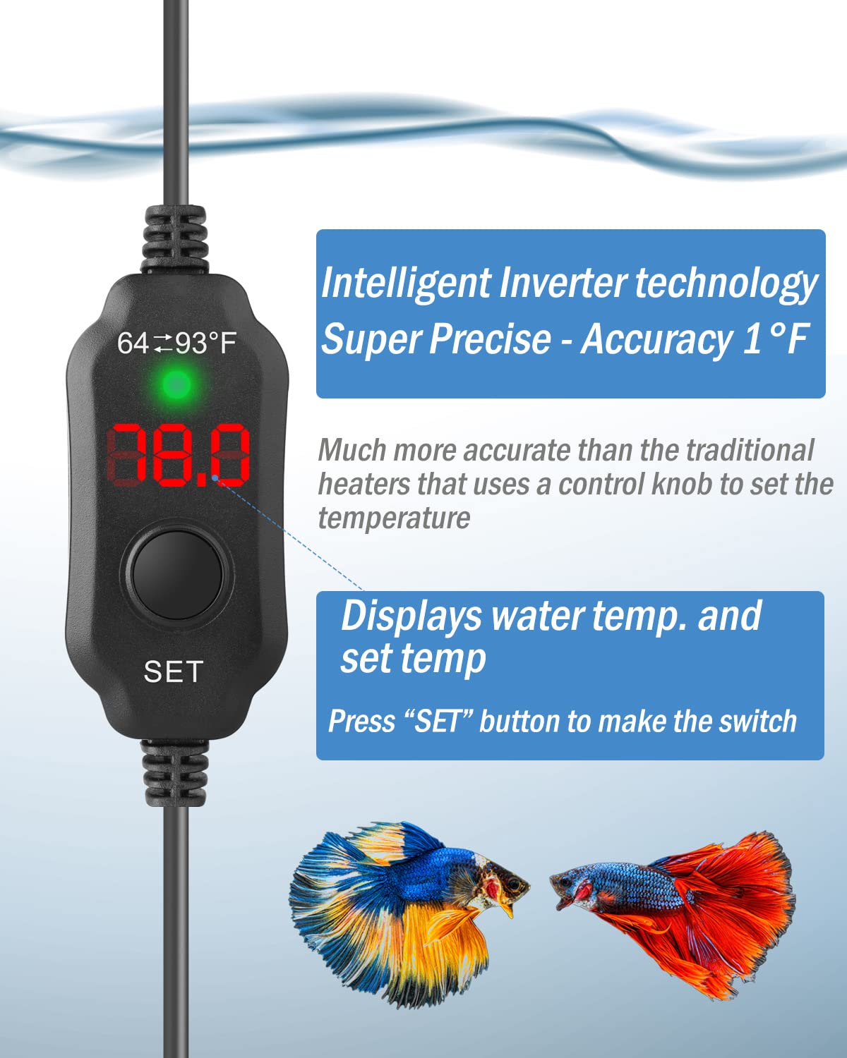 AquaMiracle 10W Adjustable Betta Heater - USB Powered Mini Aquarium Heater with Digital Display, Ideal for Up to 1 Gallon Tanks, Black