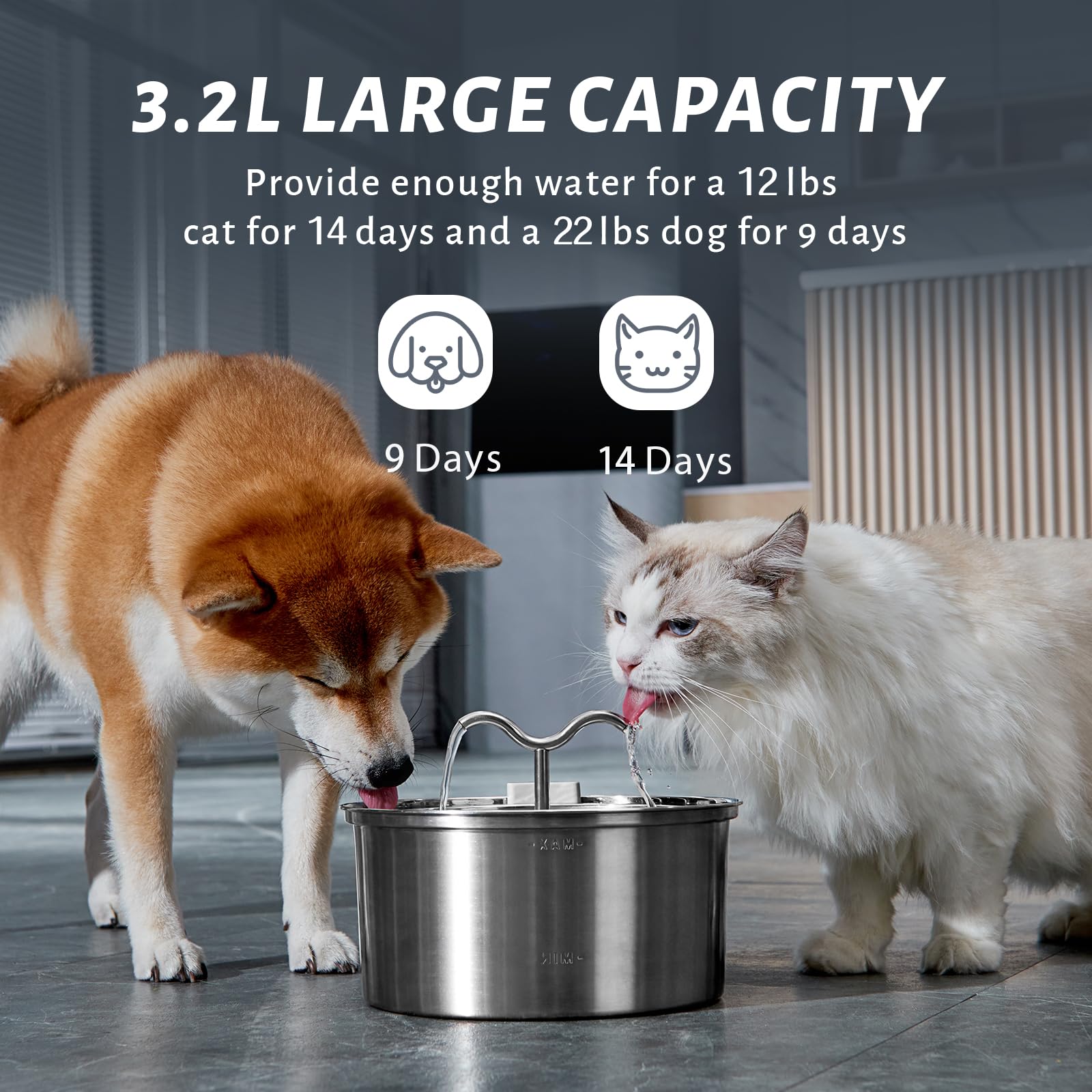 Dooob Cat Water Fountain, 3.2L/108Oz Stainless Steel Pet Water Dispenser Automatic Metal Dog Drinking Fountains Water Bowl With