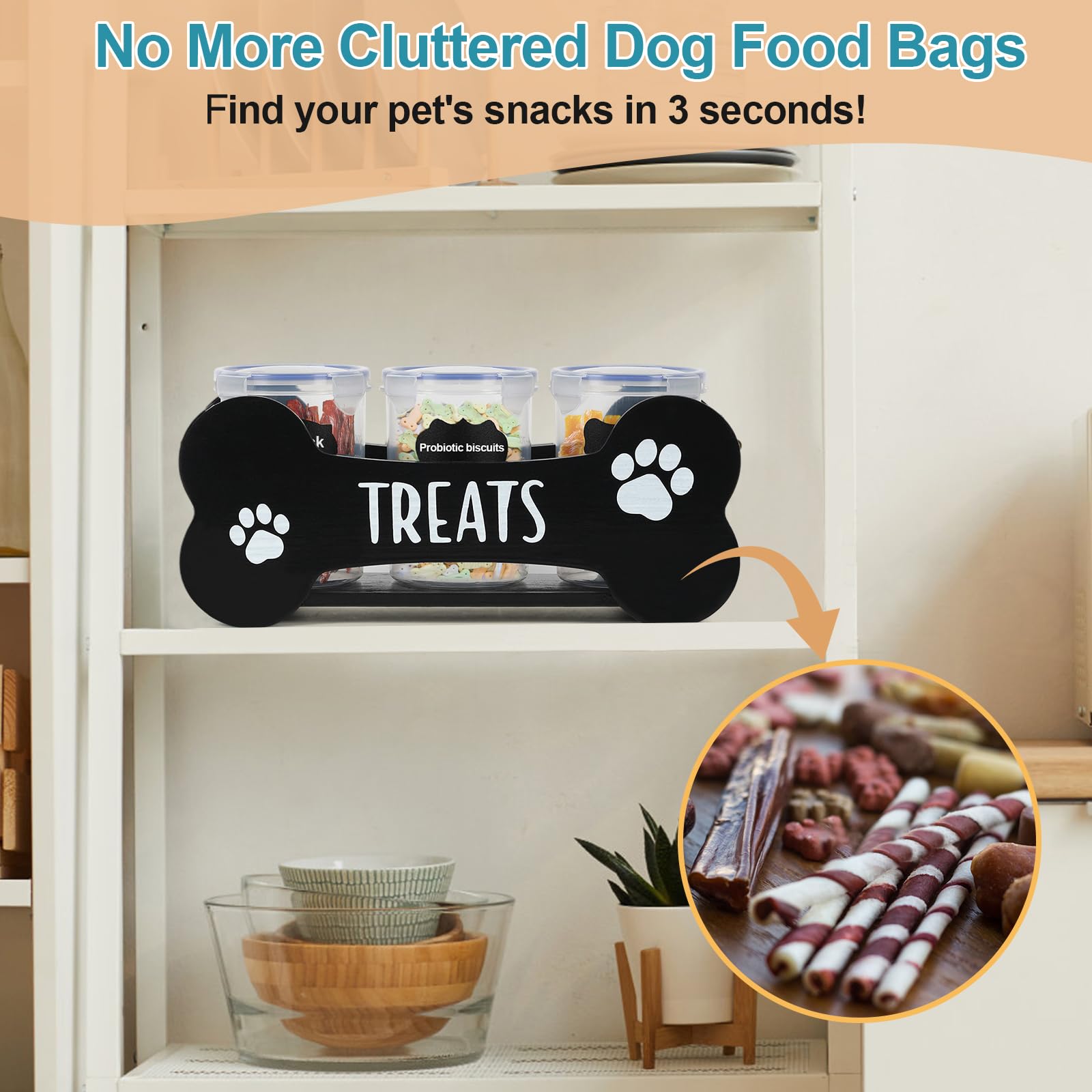 WGFKVAS Dog Treat Container - Wooden Food Storage with 3 Jars, Black, Model GJZ-01, Perfect Gift for Dog Owners