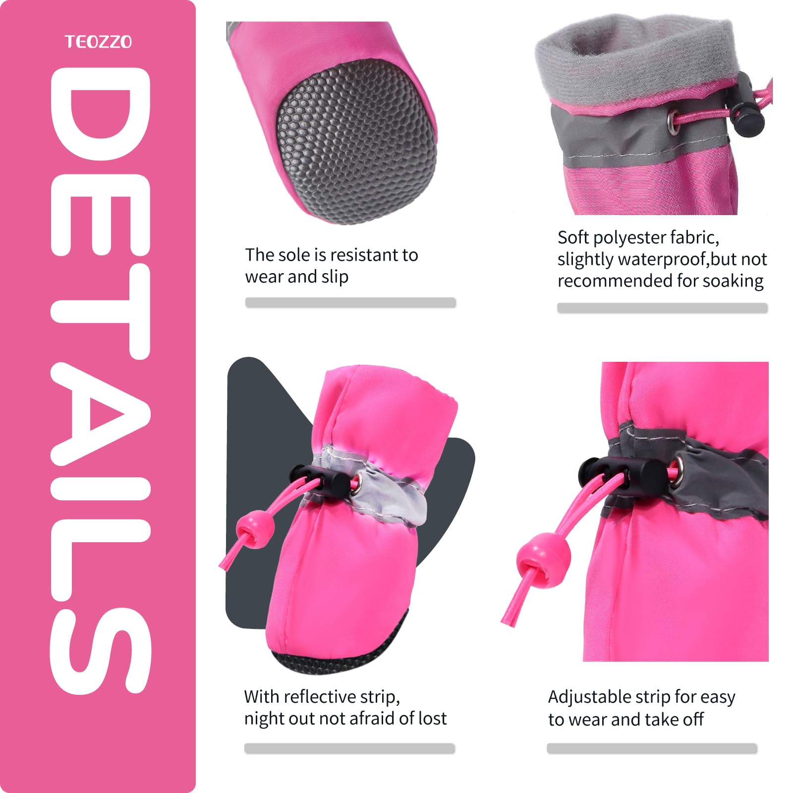 TEOZZO Dog Boots - Anti-Slip Winter Booties for Small/Medium Dogs, Size 4, Pink, with Reflective Straps, 4PCS