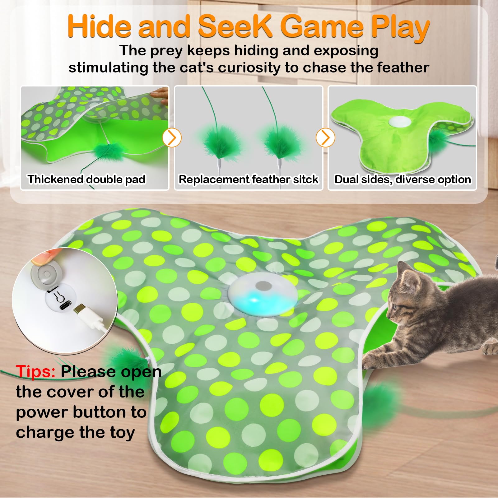 Umosis Interactive Cat Toys Rechargeable,Moving Concealed Feathers,Real Mouse Squeaky,Touch Activated Cat Kitten Toy Exercise To
