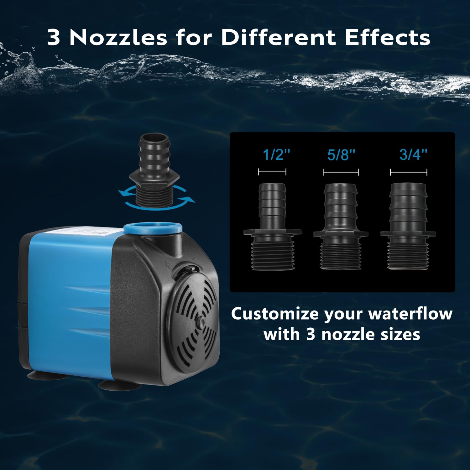 TONGCHANT 480GPH Adjustable Flow Fountain Pump with 3 Nozzles (1/2, 5/8, 3/4), 10ft High Lift, 35W Ultra-Quiet Submersible Pump