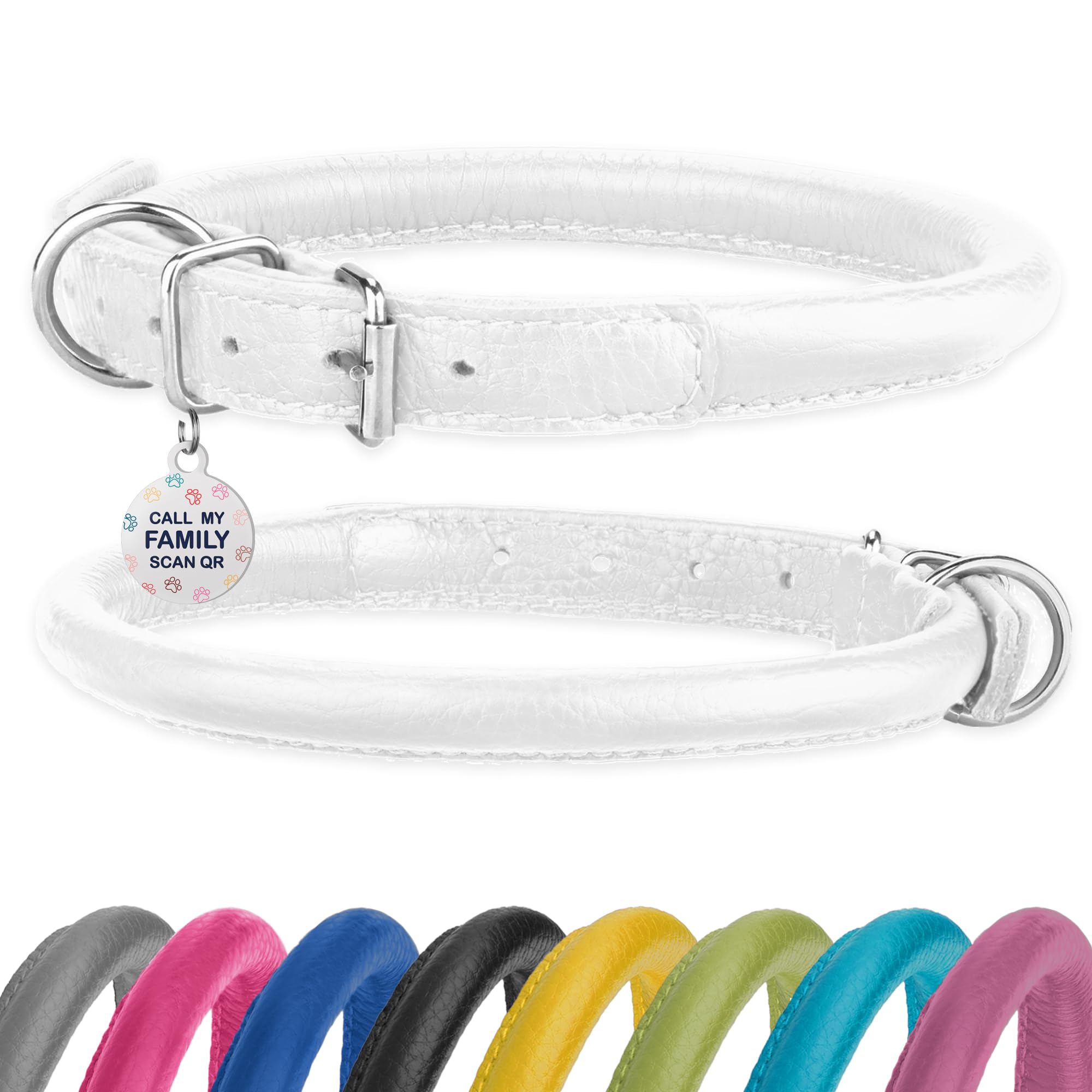 Rolled Leather Dog Collar Soft Round Collars, Id Tag For Small Medium Large Dogs (7-10 Inch, White & Silver Buckle)