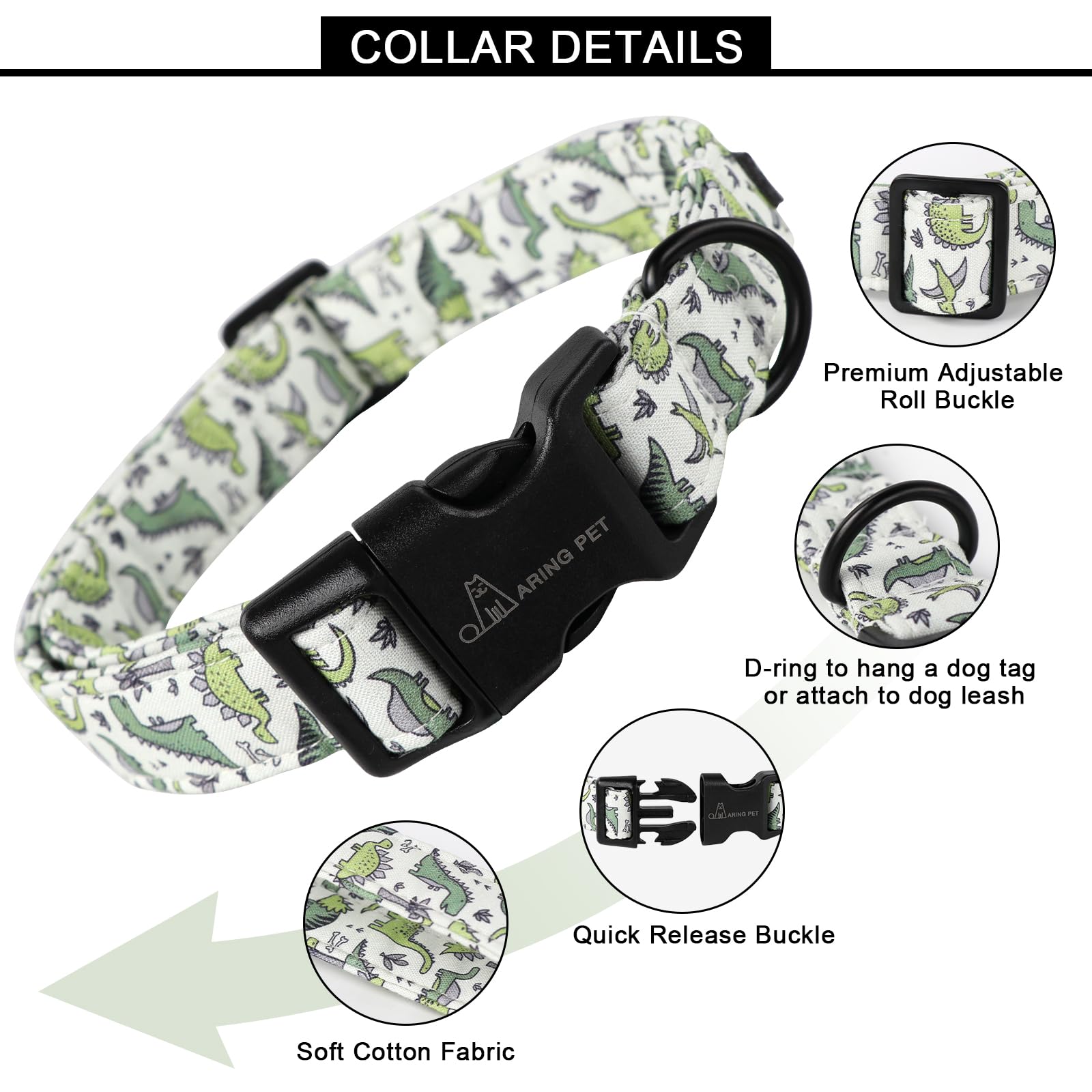Aring Pet Dinosaur Dog Collar-Cute Dog Collar For Small Dogs, Adjustable Comfortable Cotton Boy Dog Collars For Small Medium Large Dogs, Medium