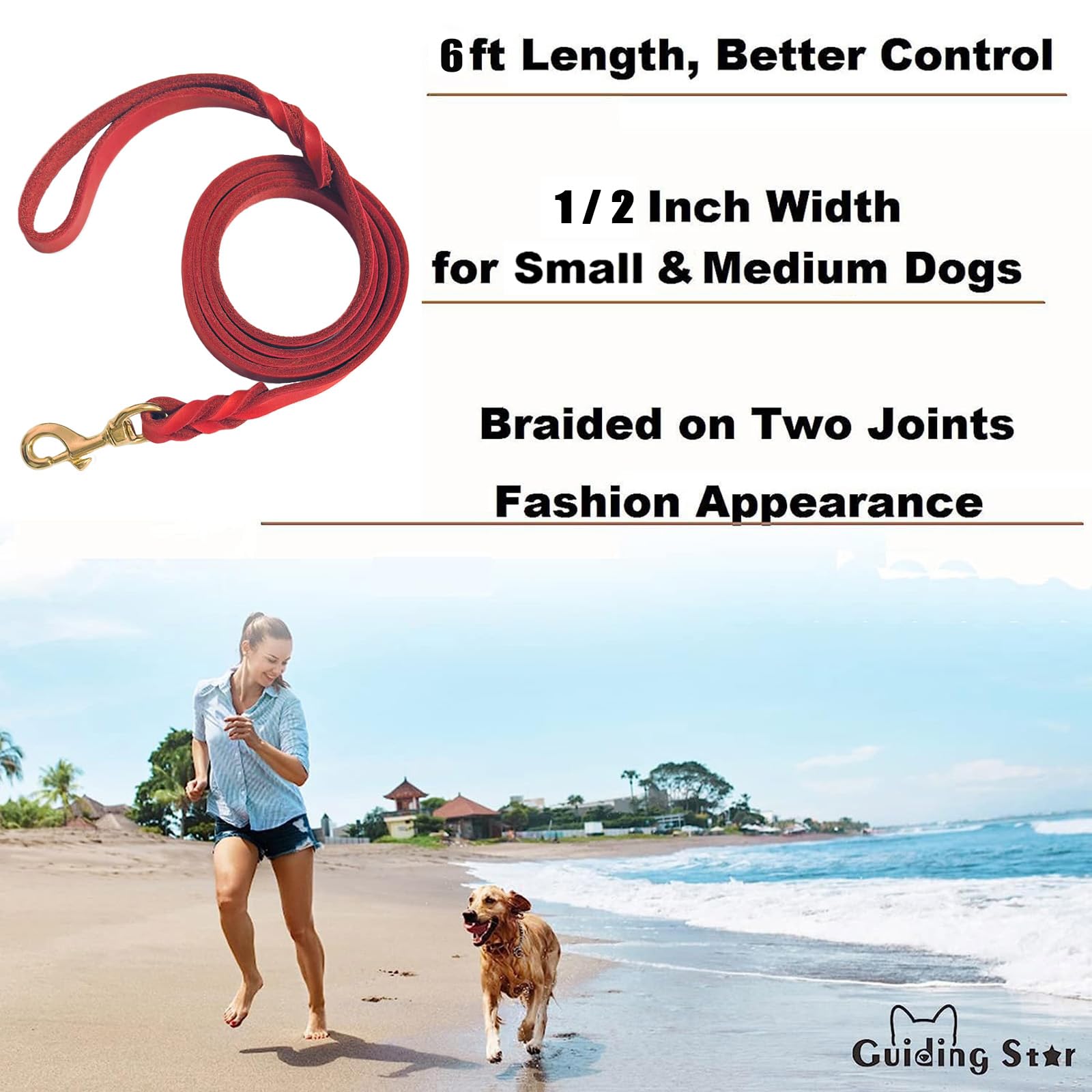 Guiding Star 6ft Leather Dog Leash for Large Dogs - Heavy Duty, Soft Braided, Red