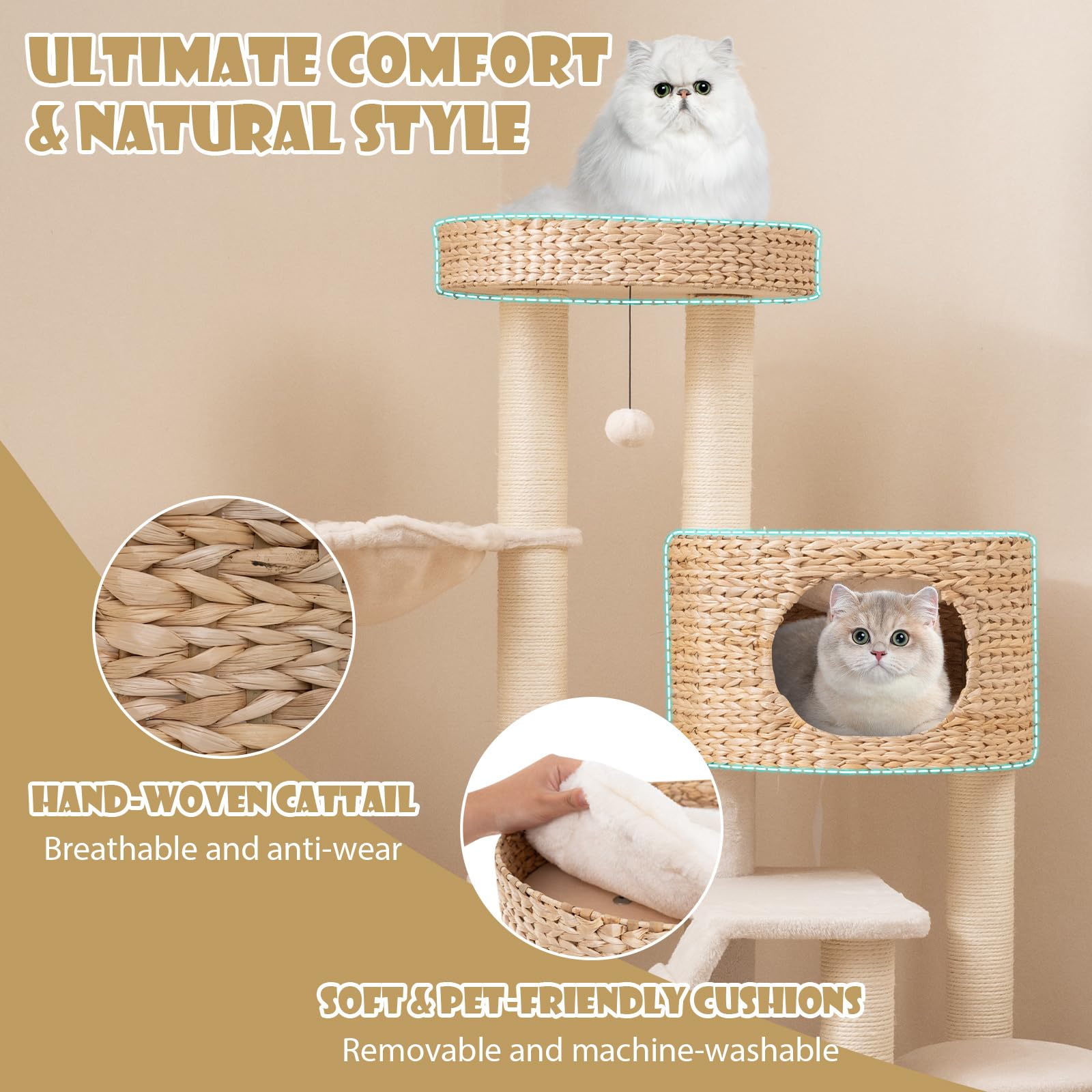 Tangkula Modern Cat Tree, 50 Inch Multi-Level Cat Tower With Cattail Fluff Condo & Top Perch, Hanging Basket, Platforms, Ladder,