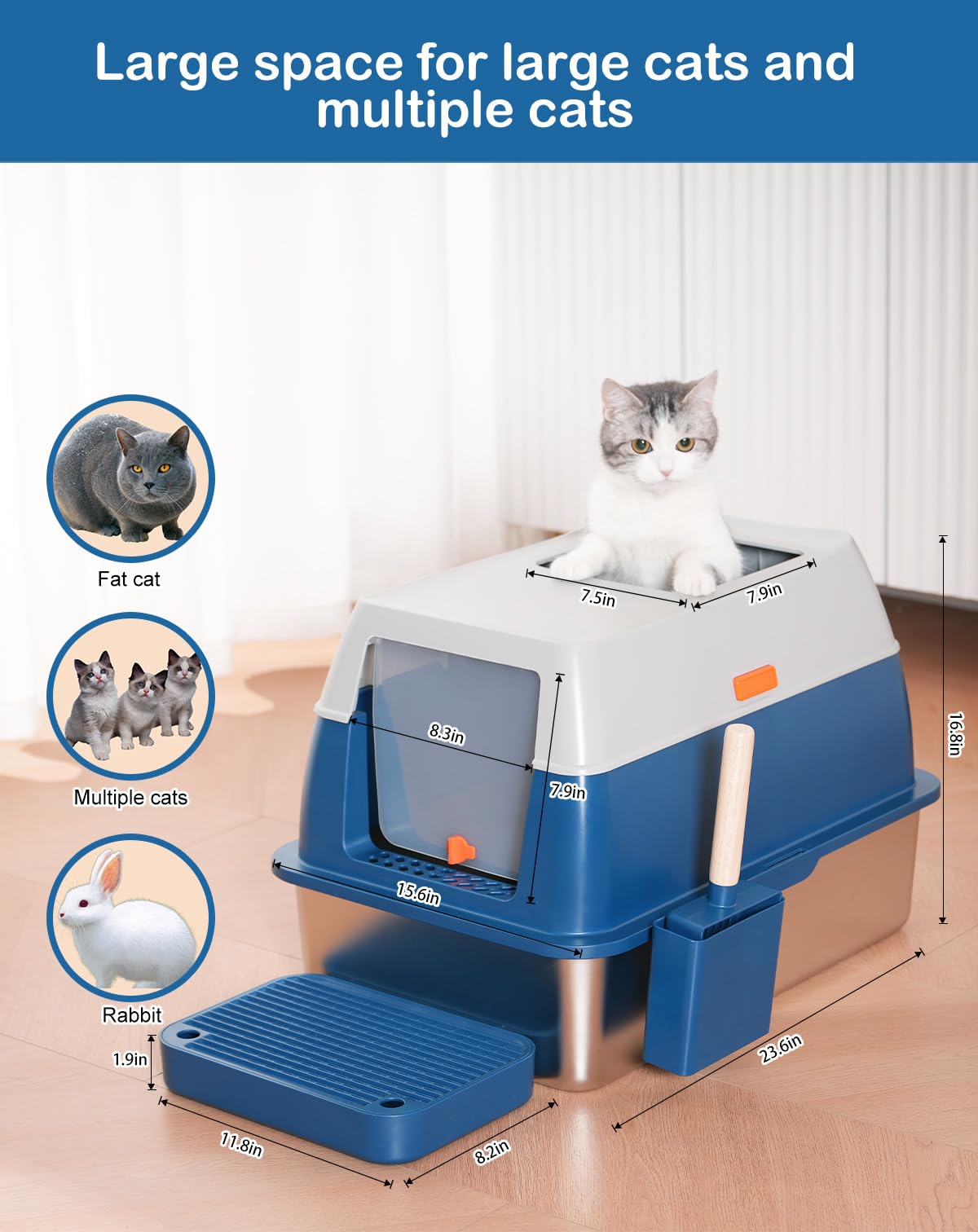 Xl Stainless Steel Enclosed Litter Box With Covered For Indoor Cats, High Sides, Eliminates Odors, Easy Clean, Blue, Foxoru